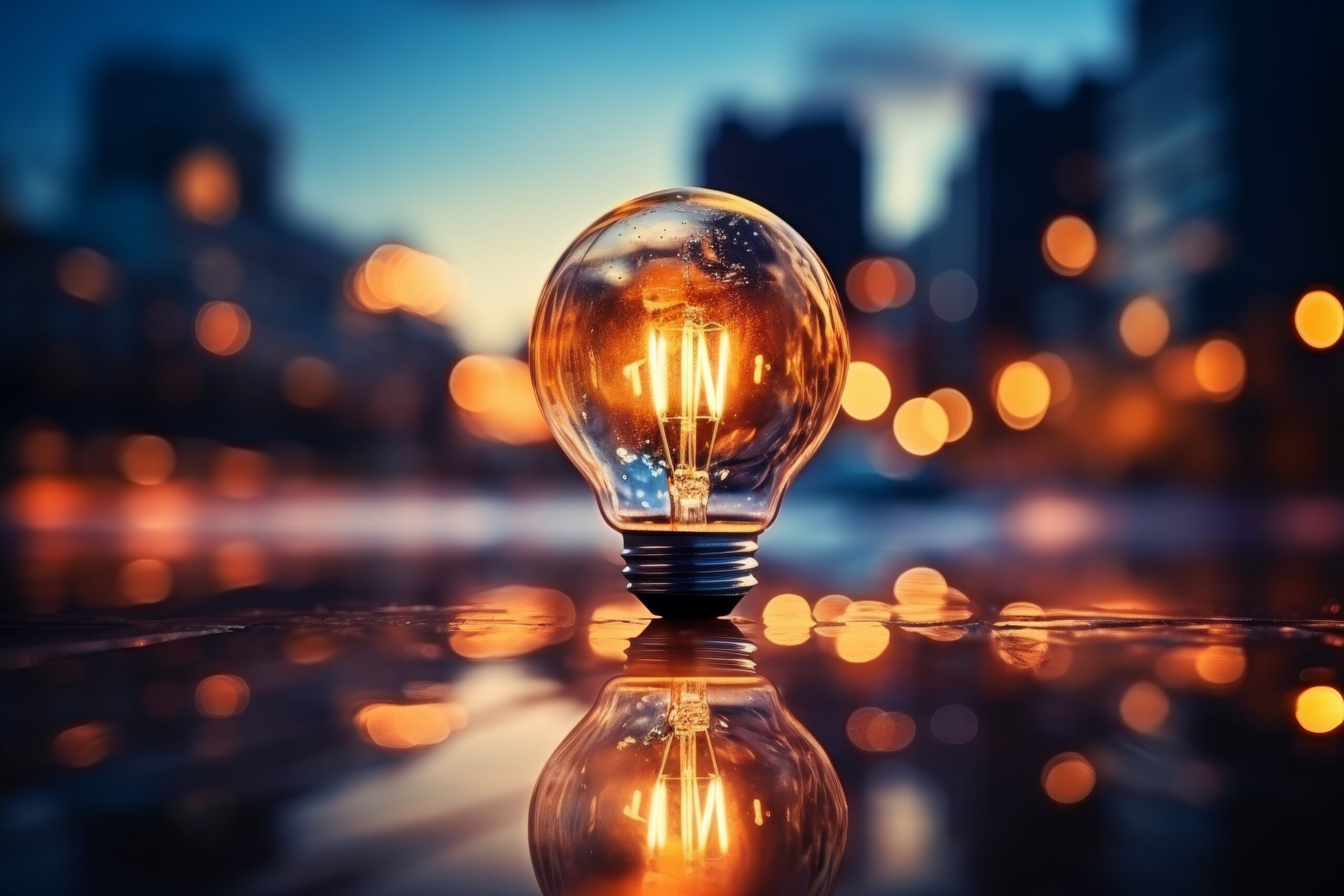Lightbulb (lit)and city backdrop