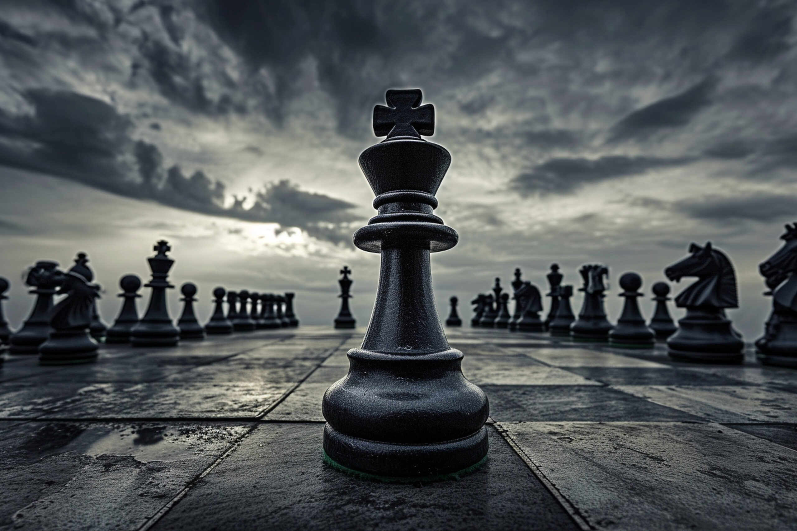 Massive king chess piece on a chessboard with gray skies in background