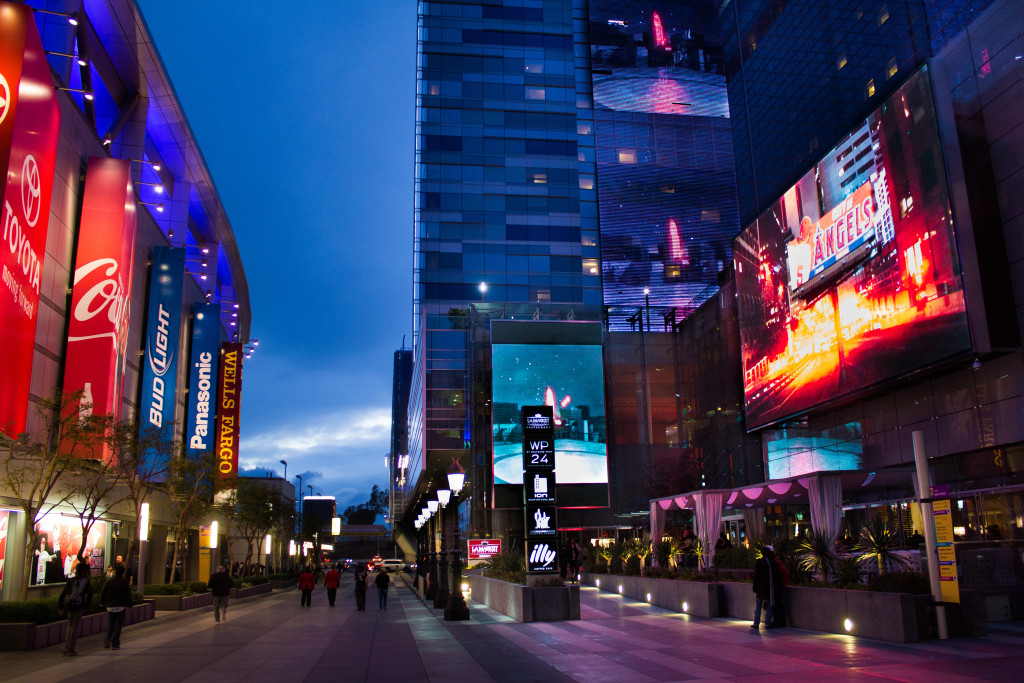 LA is really starting to glow. This is the Mariott/Ritz in LA Live and on the left is the Nokia Theater.