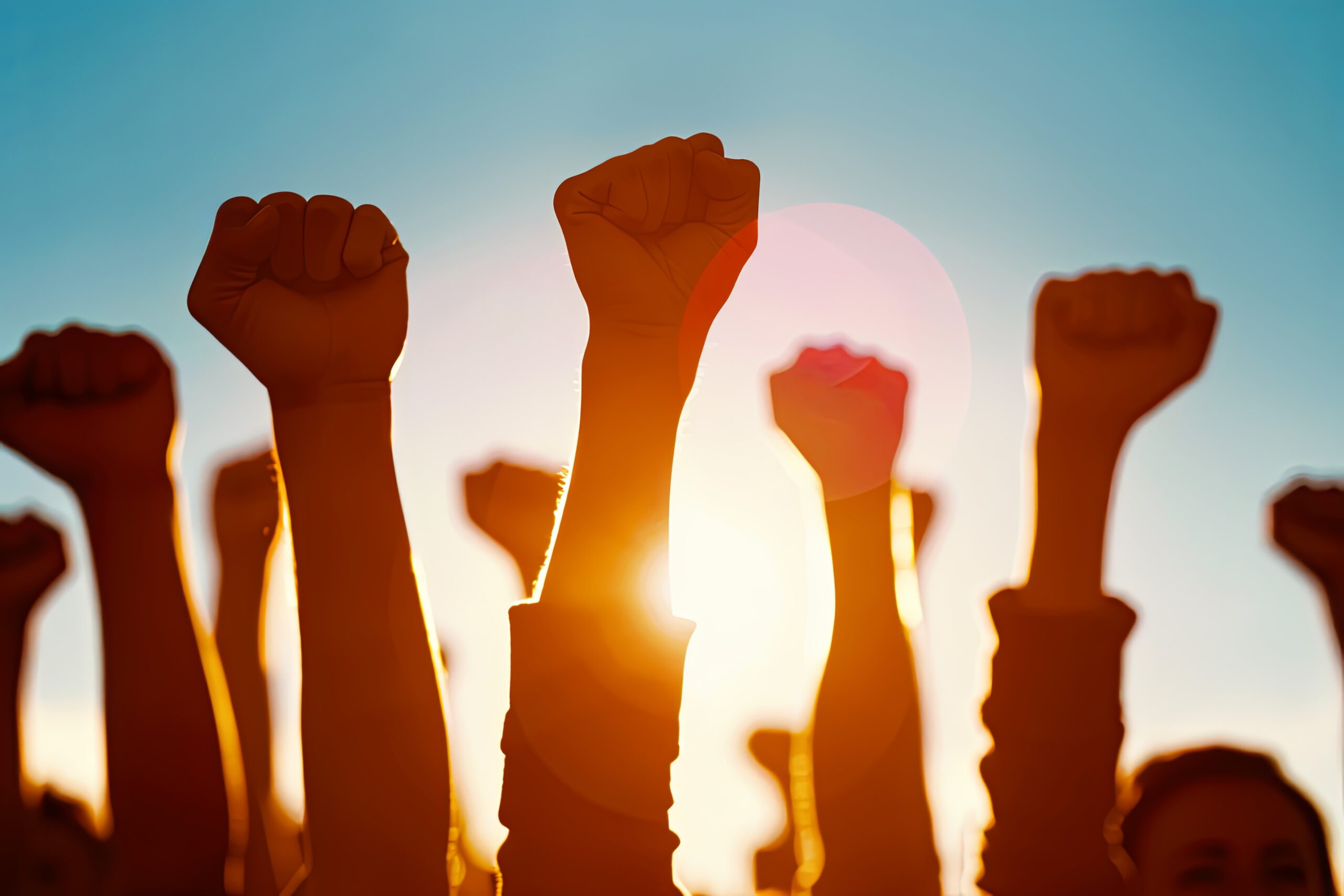 Silhouettes of fists raised in the air - sky-sun background
