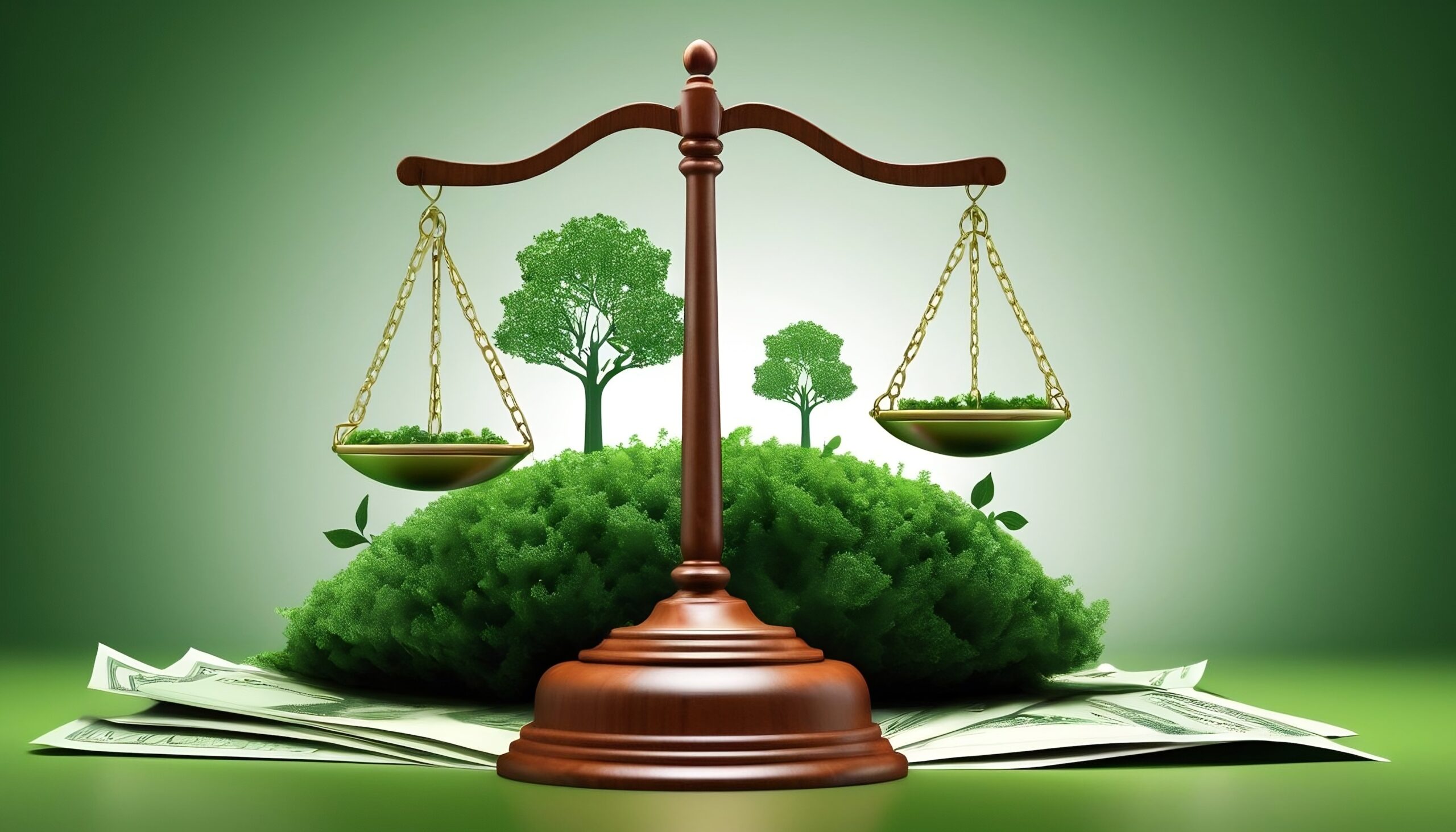 Graphic of scales (representing law) with trees in background sitting on a pile of money