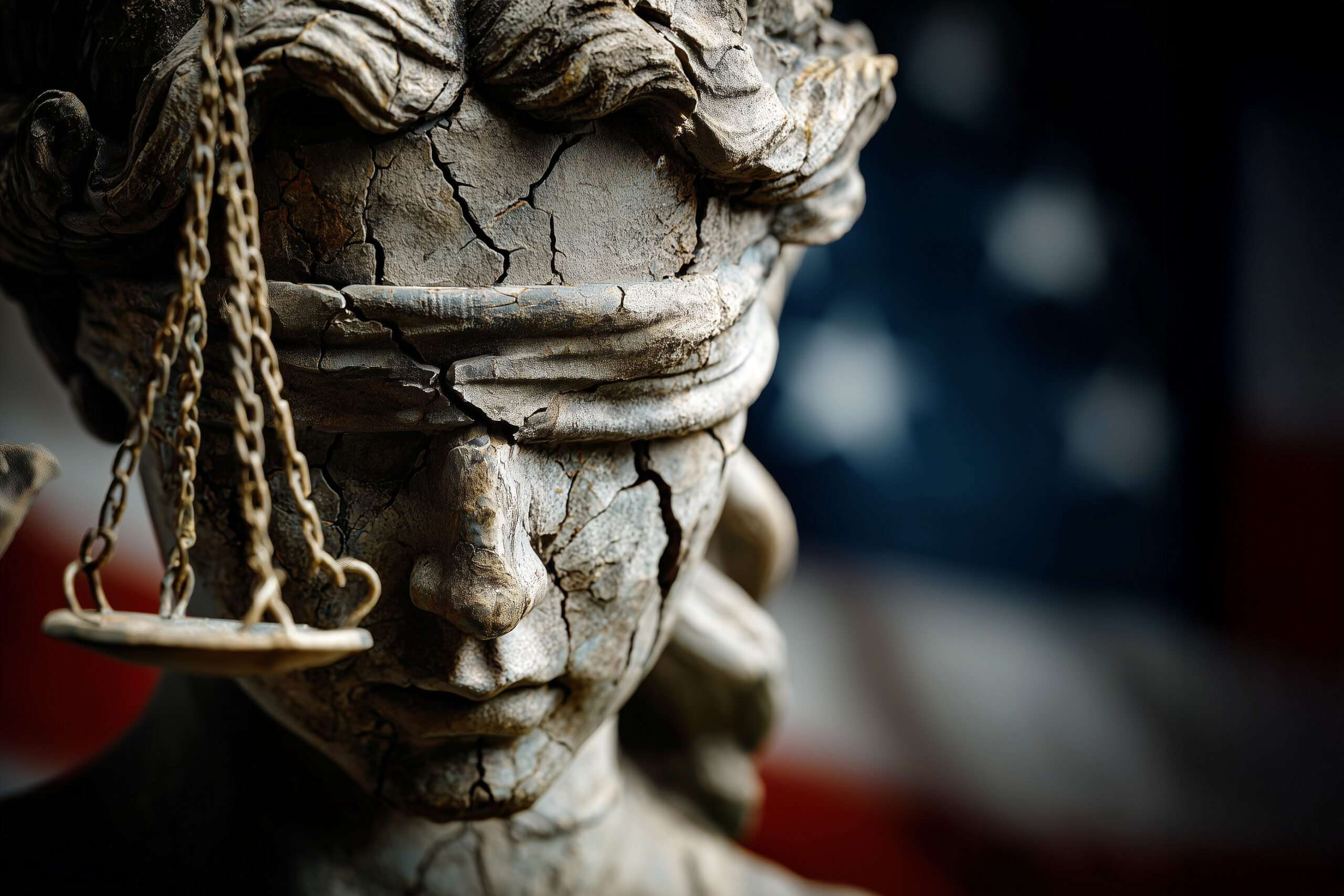 Crumbling Statue of Lady Justice with One End of Scale of Justice in Foreground
