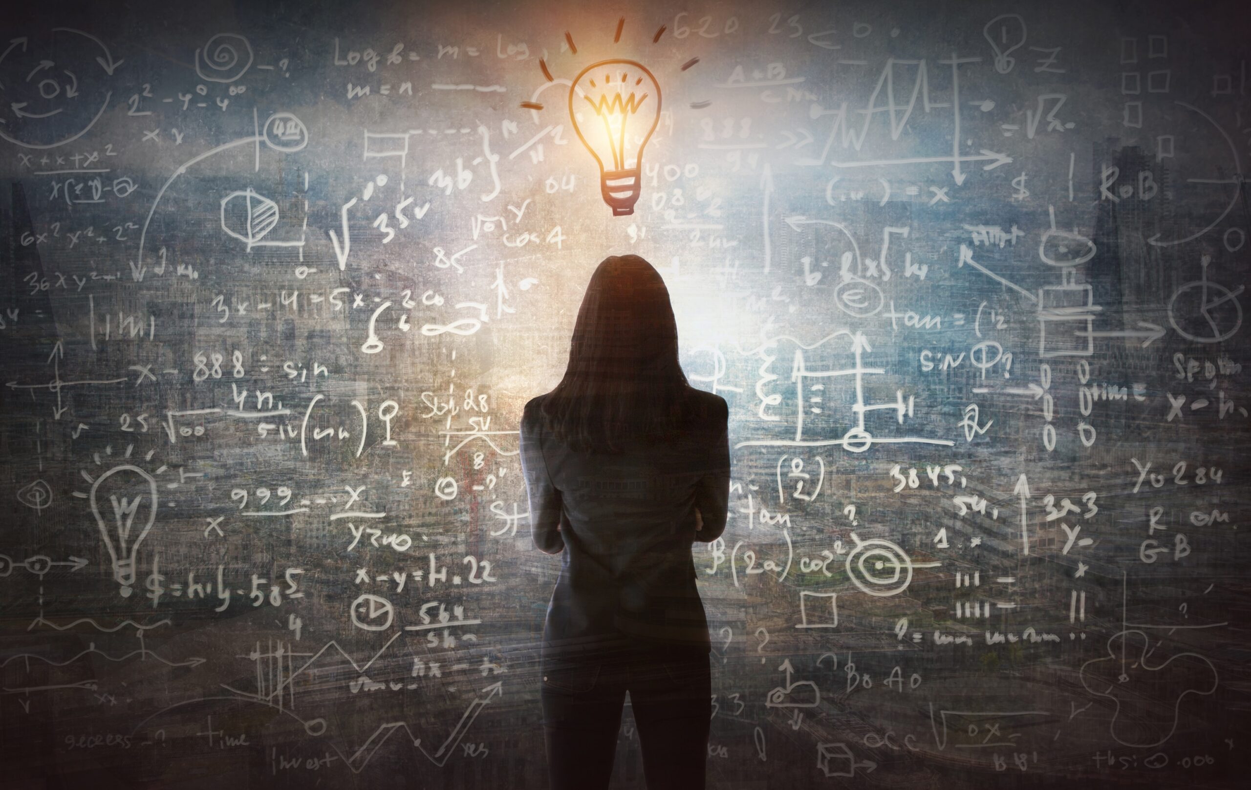 Back of woman looking on the black board with mathematical formulas and calculations.
