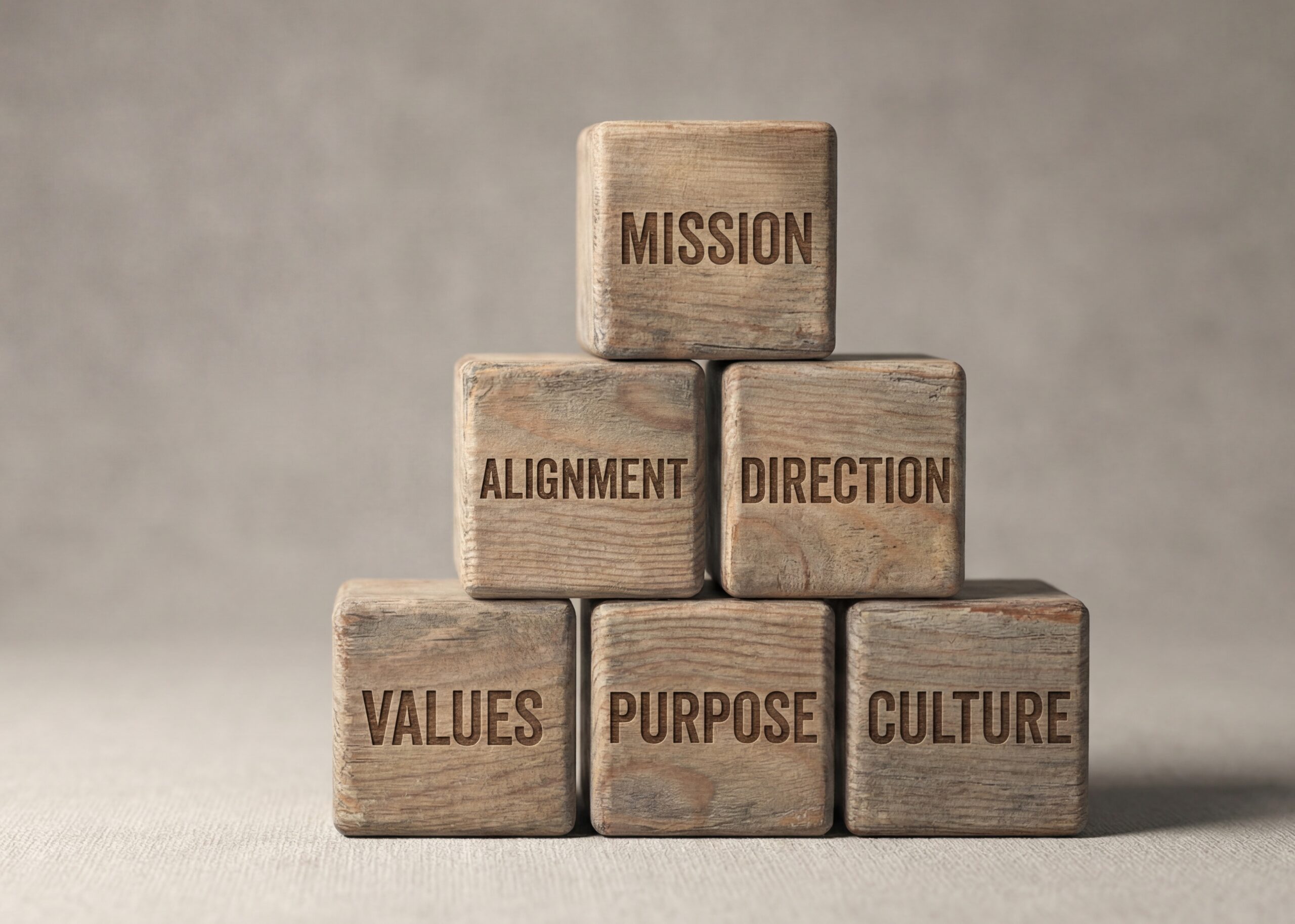 Stacked blocks (to form pyramid) with words: mission, alignment, direction, values, purpose, culture