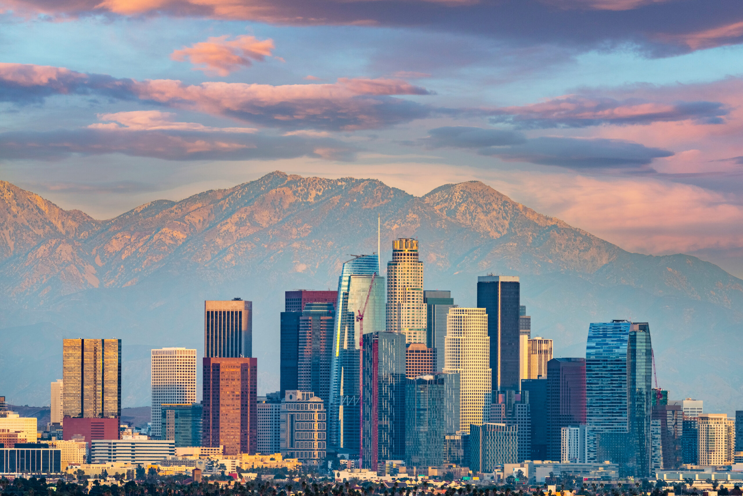 Downtown Los Angeles skyline with mountains in background