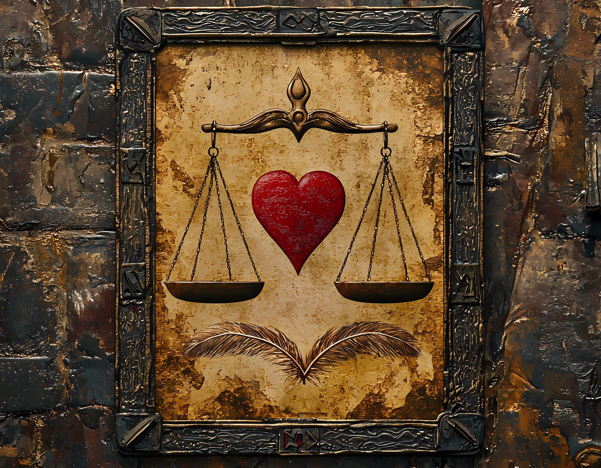 A decorative representation of scales symbolizing justice and a heart, emphasizing the balance between love and law.