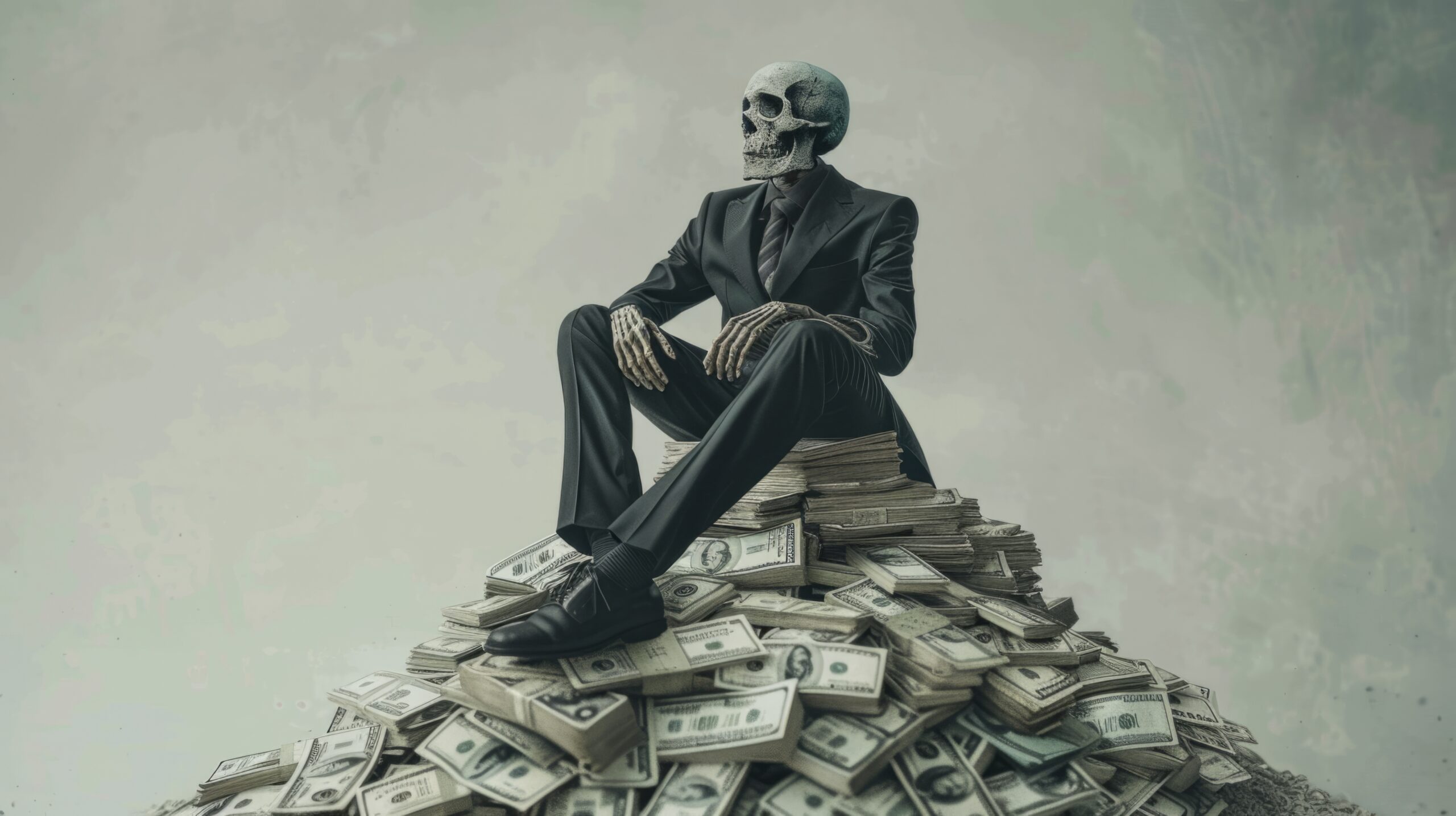 Skeleton in suit sitting atop money pile