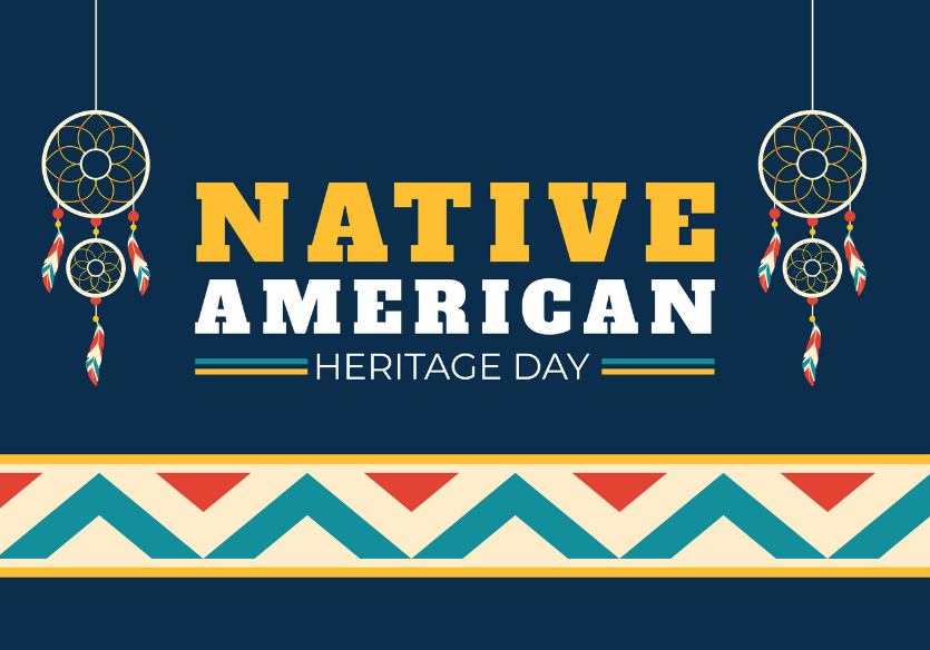 "Native American Heritage Day" on blue background with lower banner