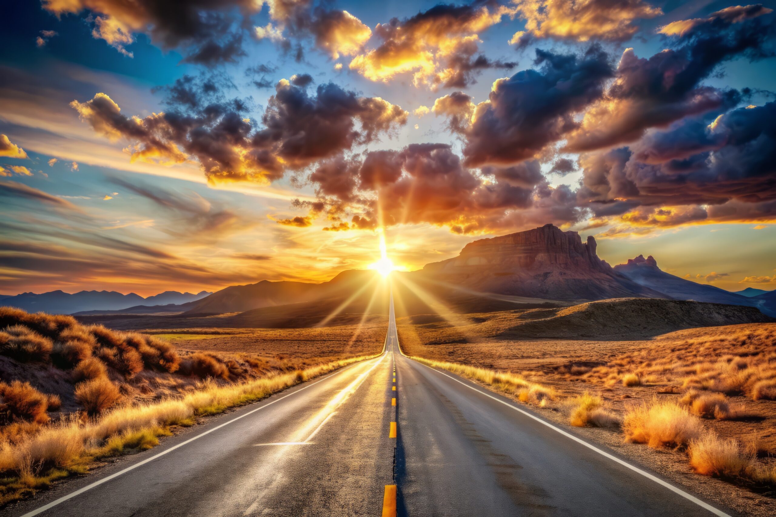 Road to mountains with sunrise or sunset and clouds in background