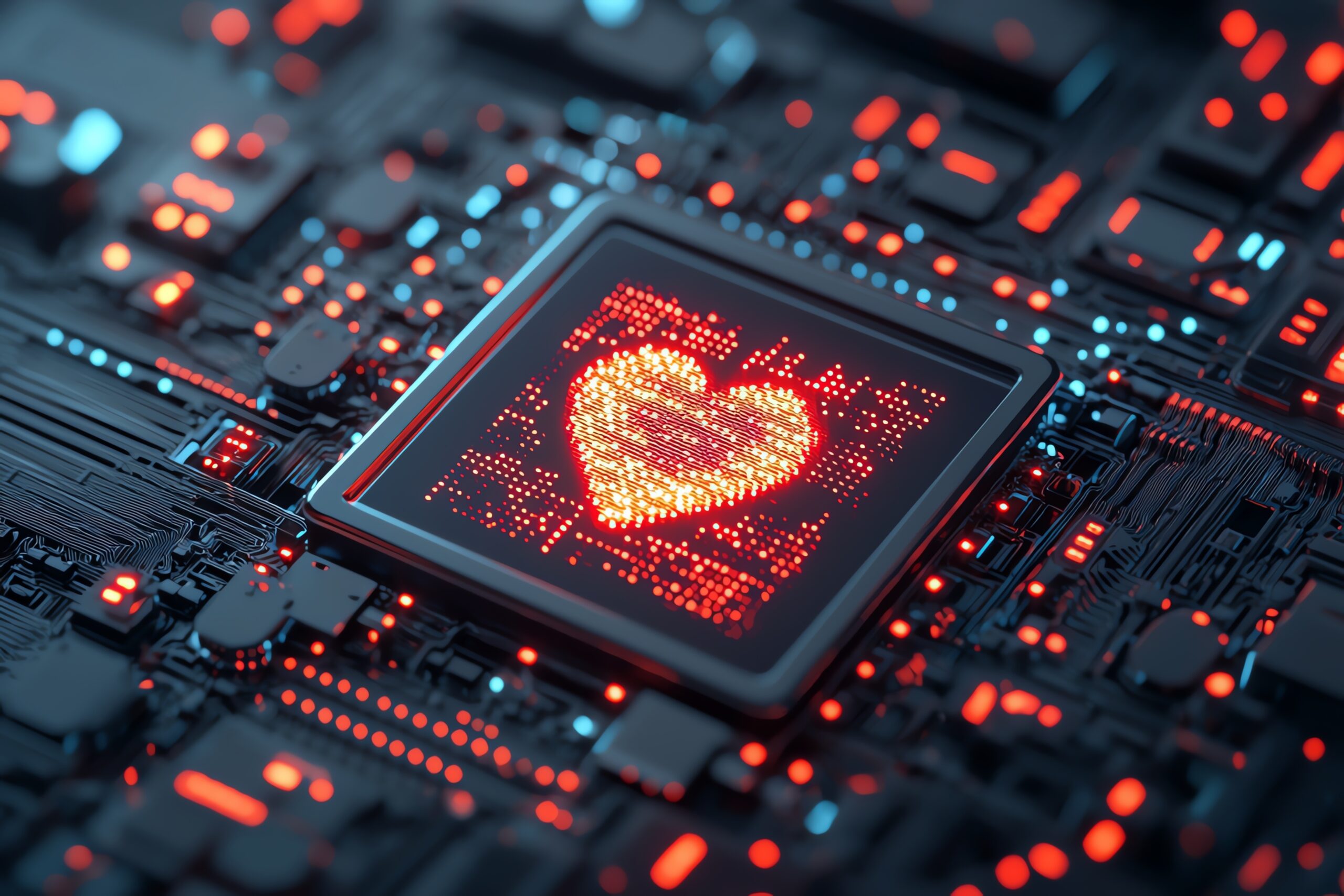 Technology graphic with red heart in middle of a chip