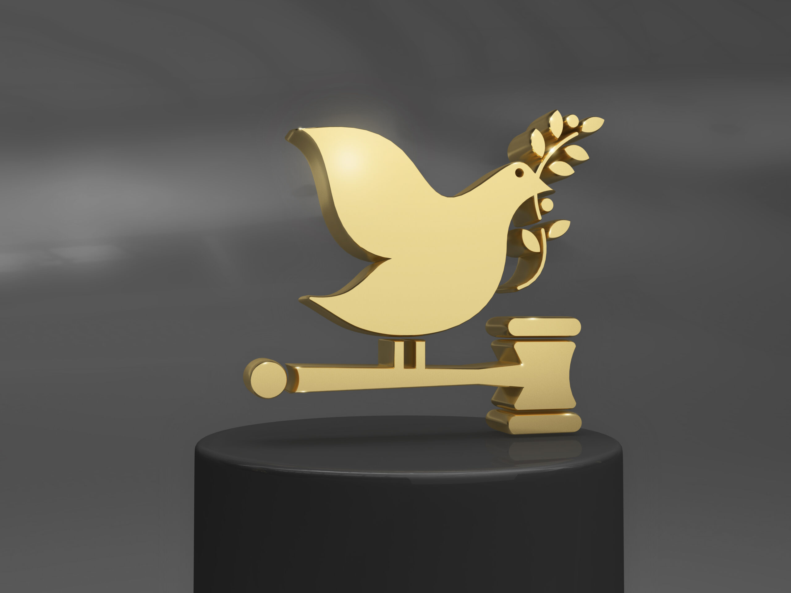 3D image of gold dove holding olive branch sitting on gavel above a stand