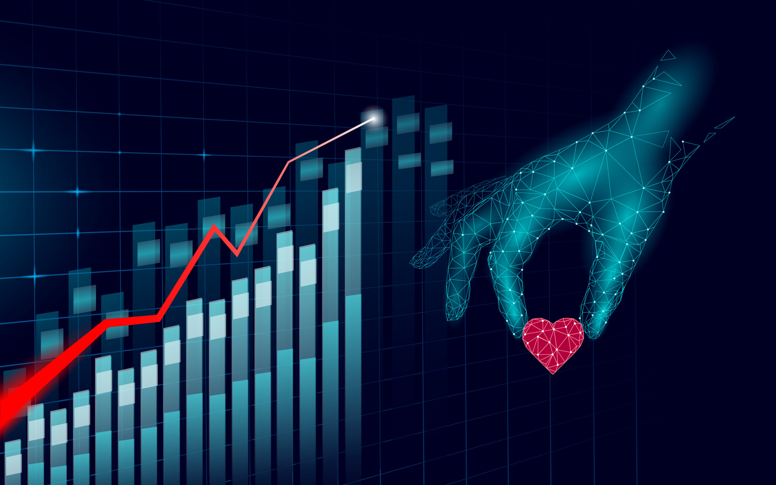 Computer graphics of hand holding red heart and financial graph trending up to its left