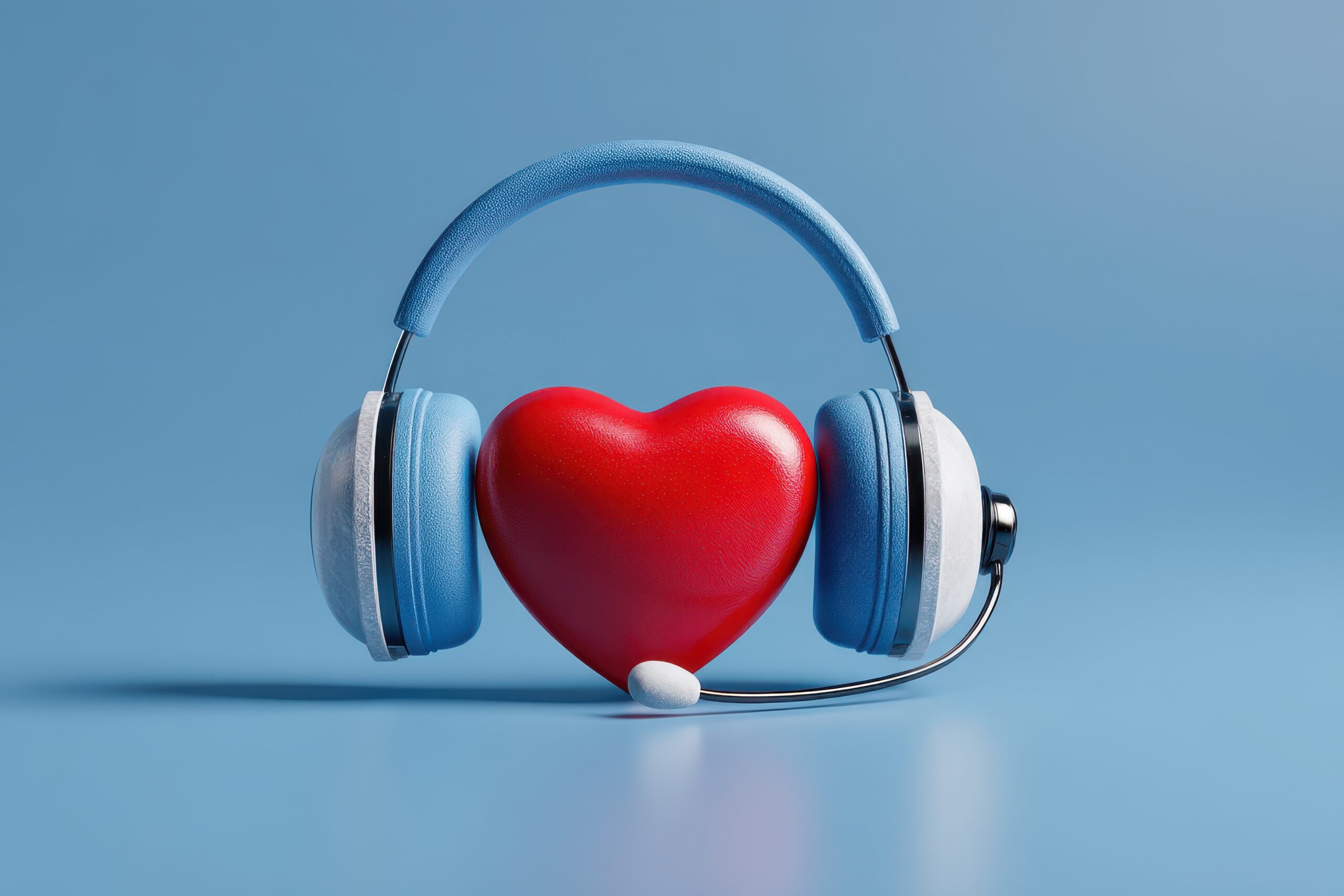 Headphones and mic with a red heart in between the earcups