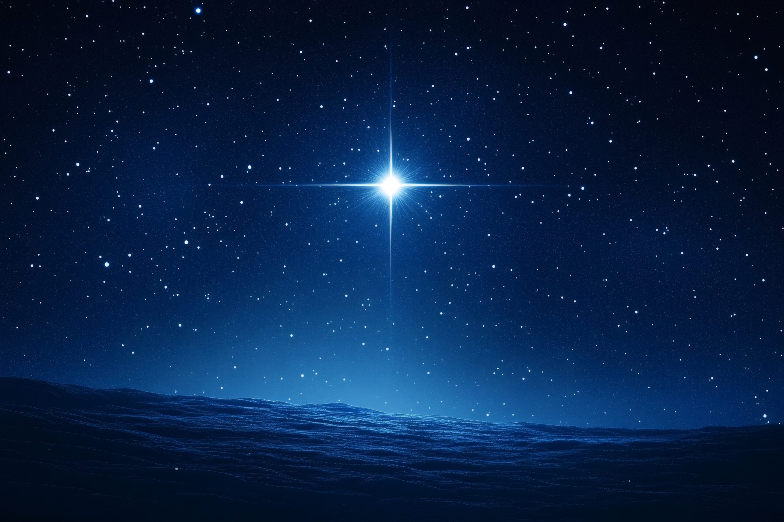 Bright north star shining brilliantly over a vast, empty snowy landscape