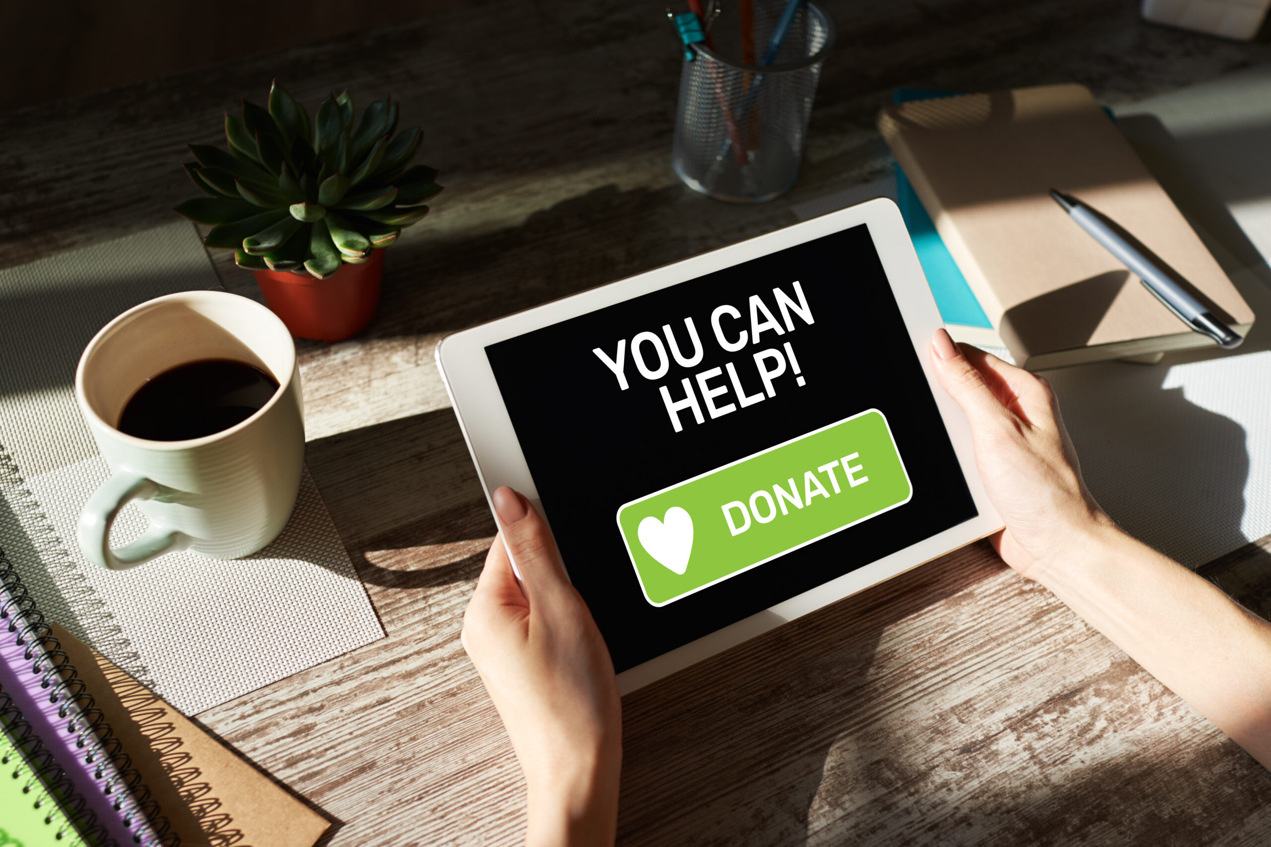 "YOU CAN HELP" on tablet screen along with "Donate" button