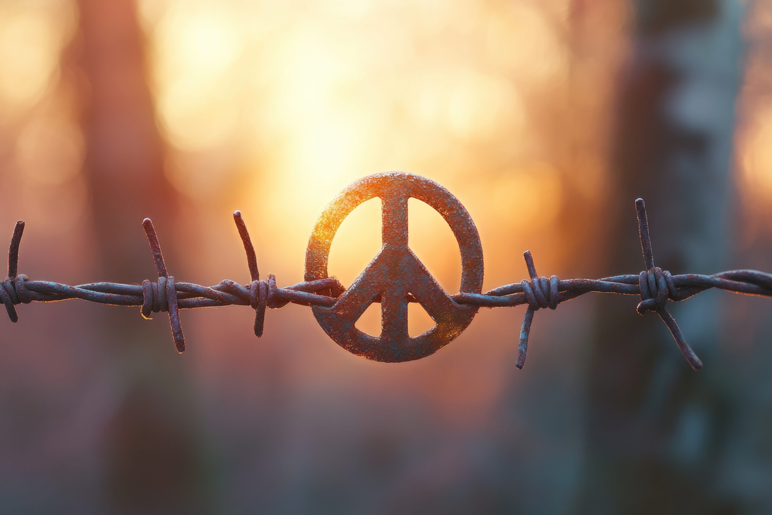 Rusty peace symbol held by barbed wire