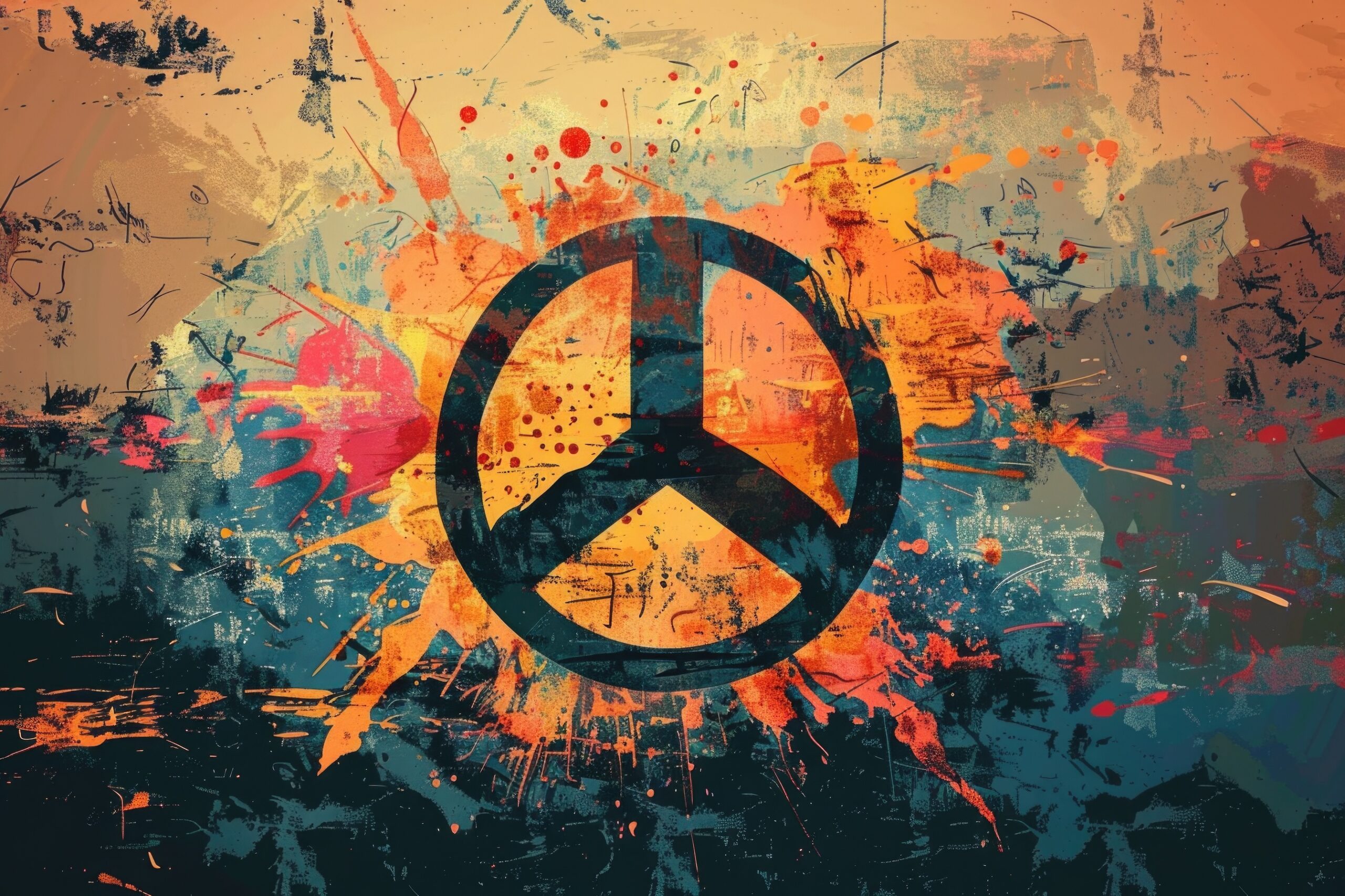 A hand-painted peace sign on a distressed background.