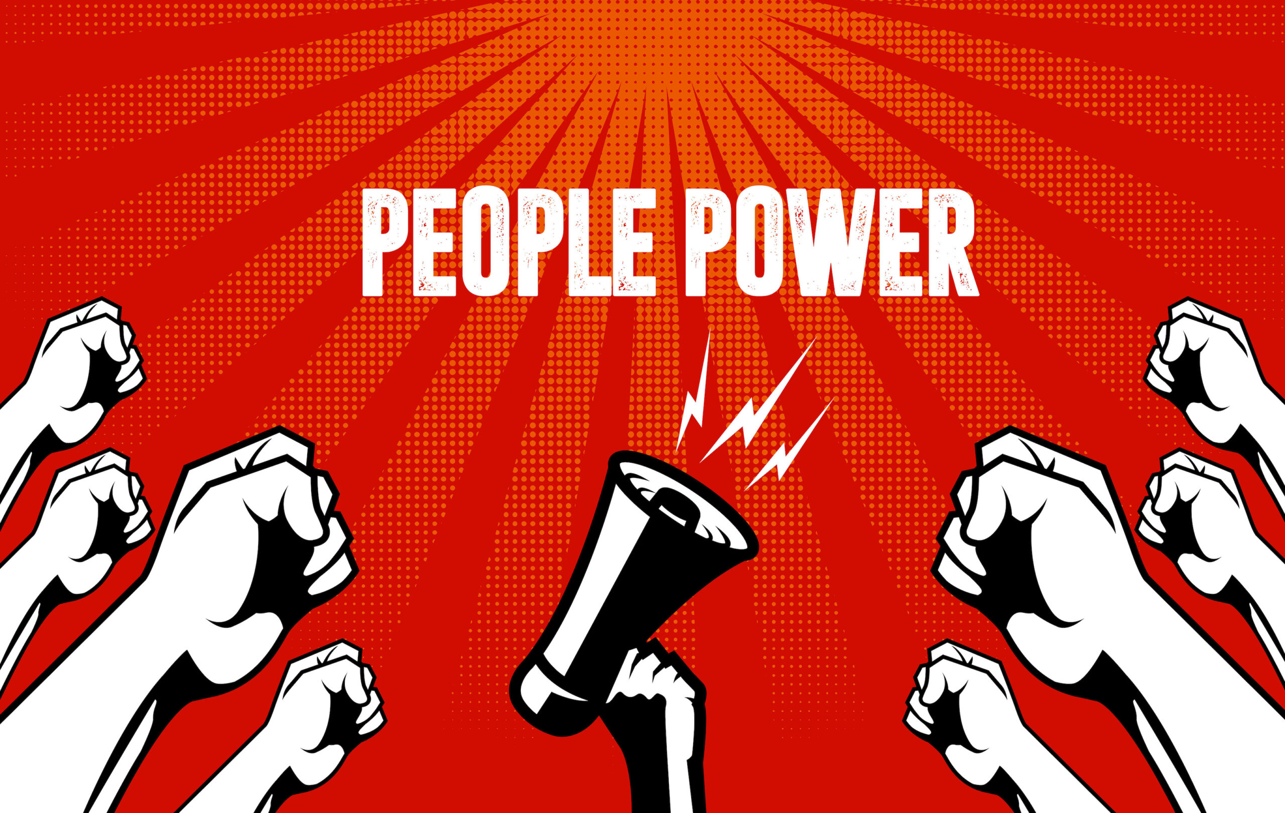 "People Power" against red background with animated image of fists in the air and megaphone