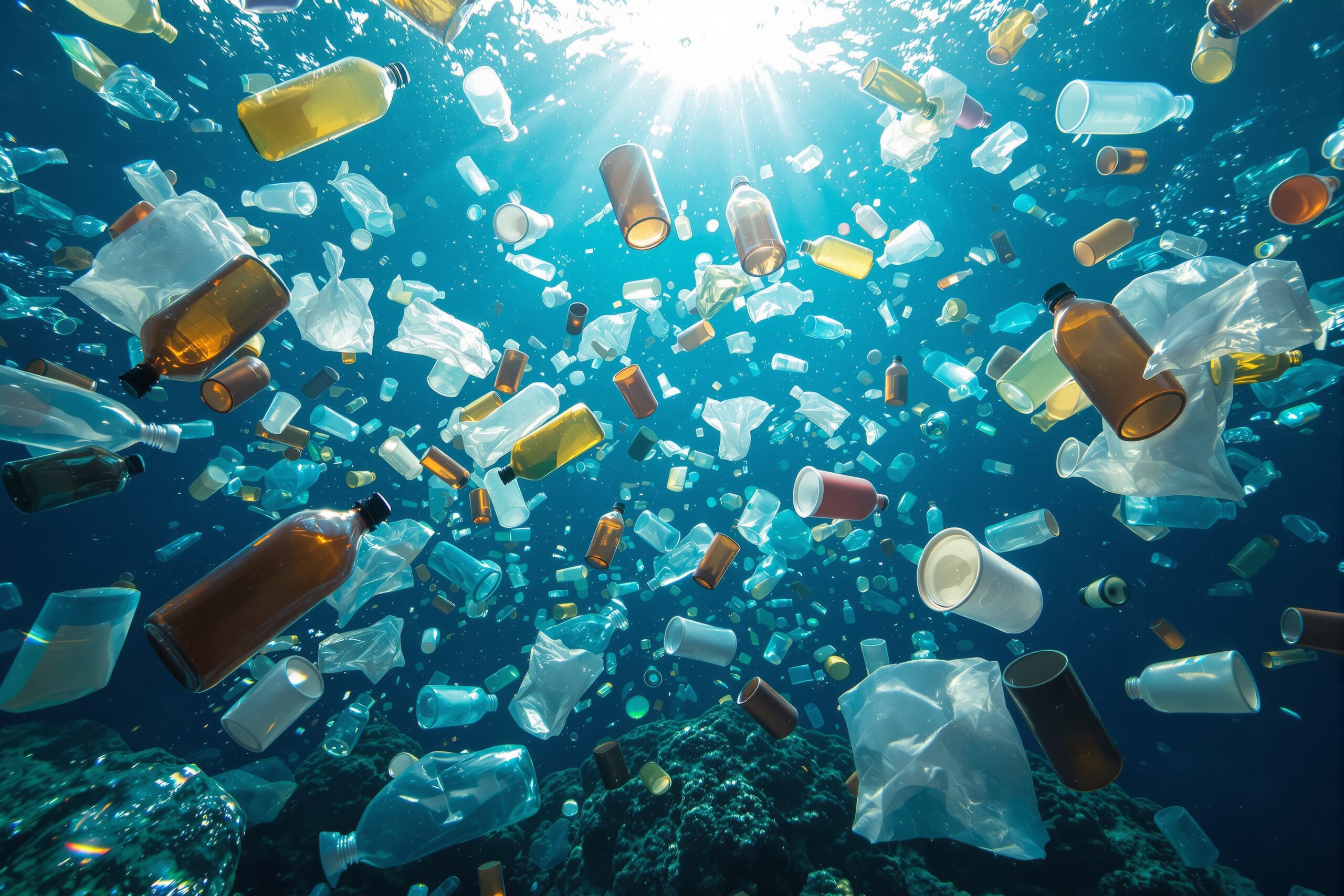 AI image of plastic pollution (bottles, etc.) in the water with sunlight highlighting the scene