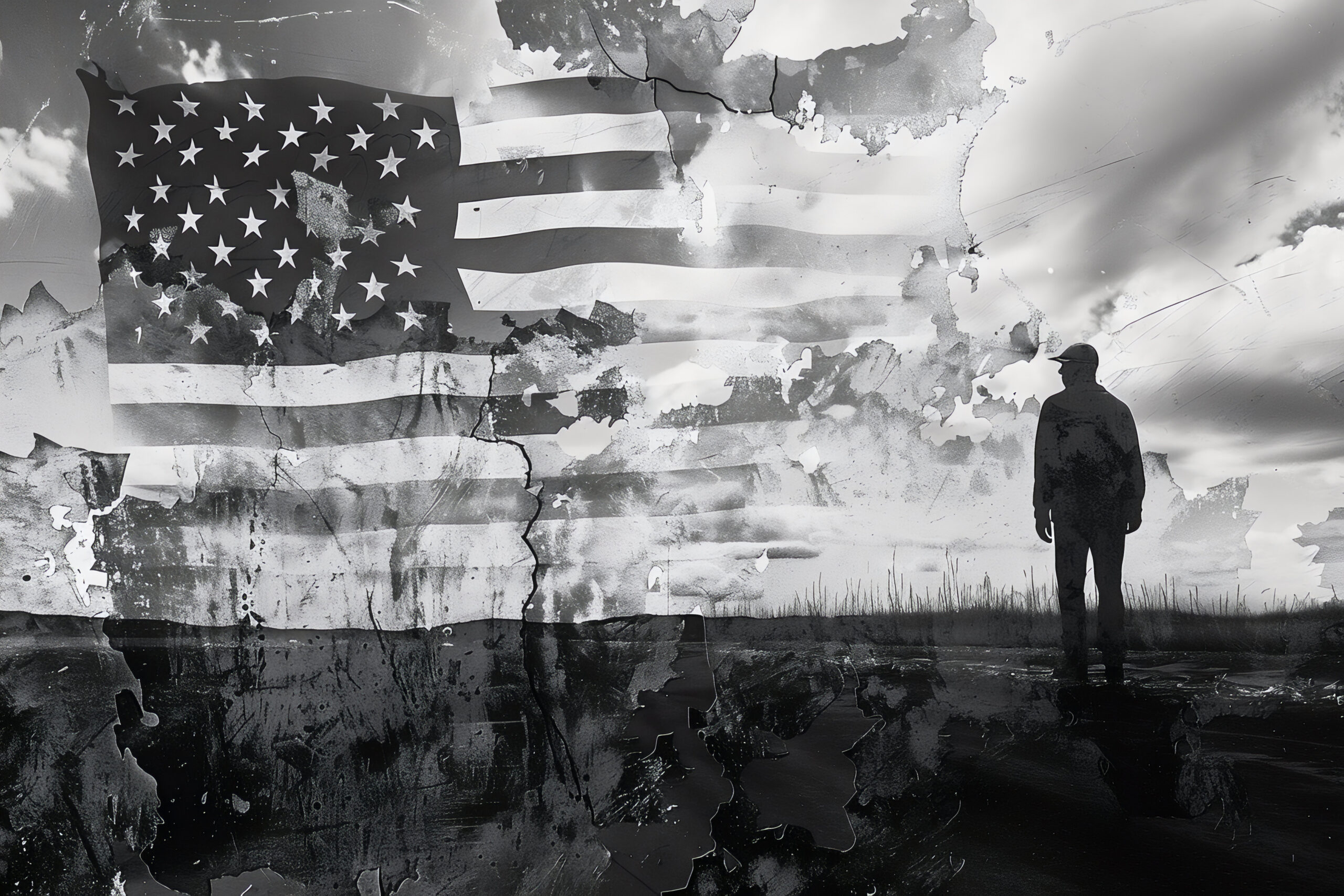 Silhouette of a Person in Desolate Black and White Landscape with American Flag in the Sky
