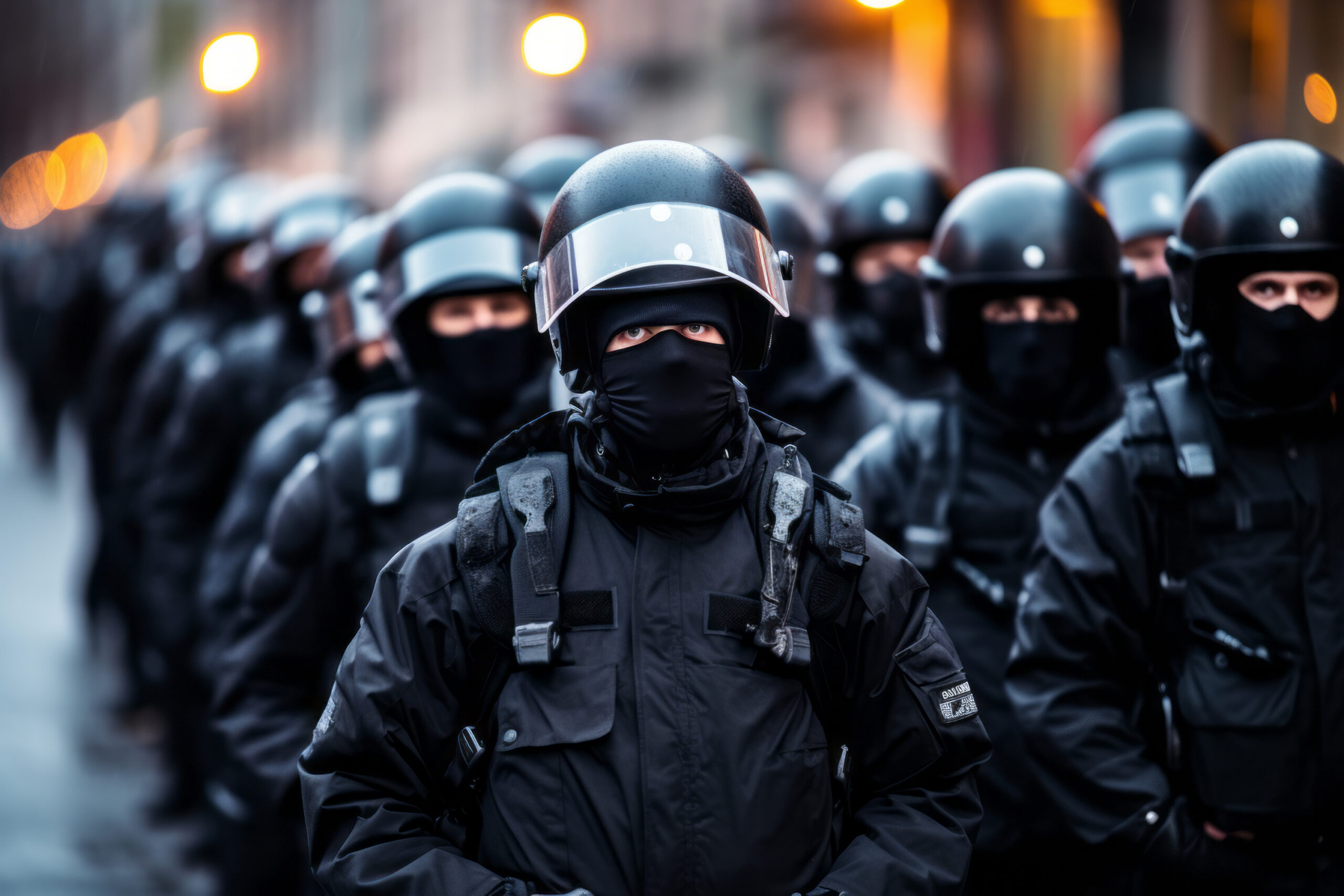 Group of police in all black uniforms and masked