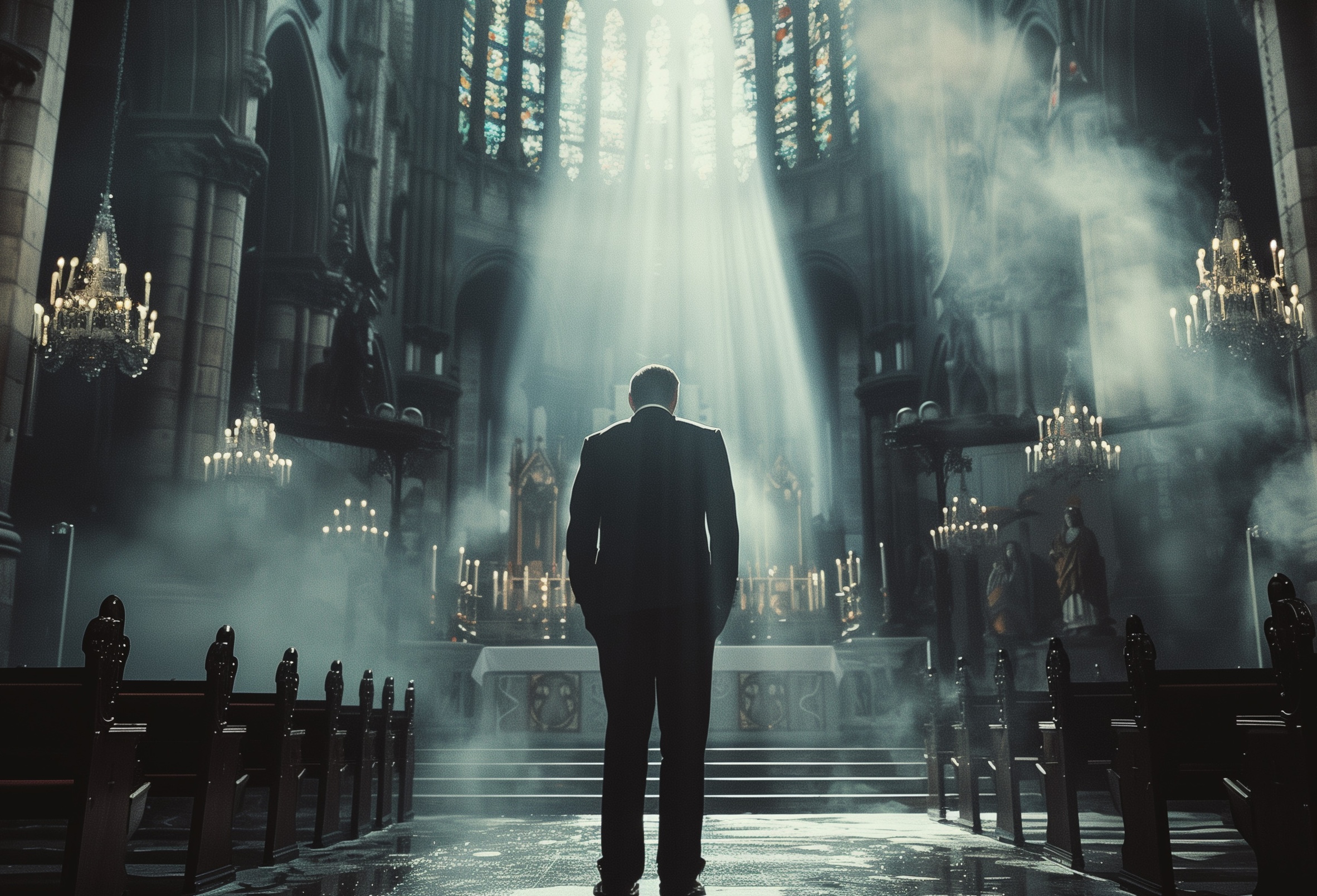 Politician standing in church highlighted by beam of light from window, view from behind