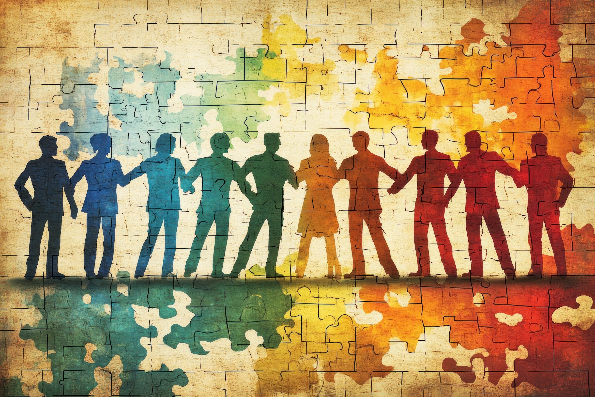 AI image of 10 cutouts of different colored people aginast a colorful jigsaw puzzle background