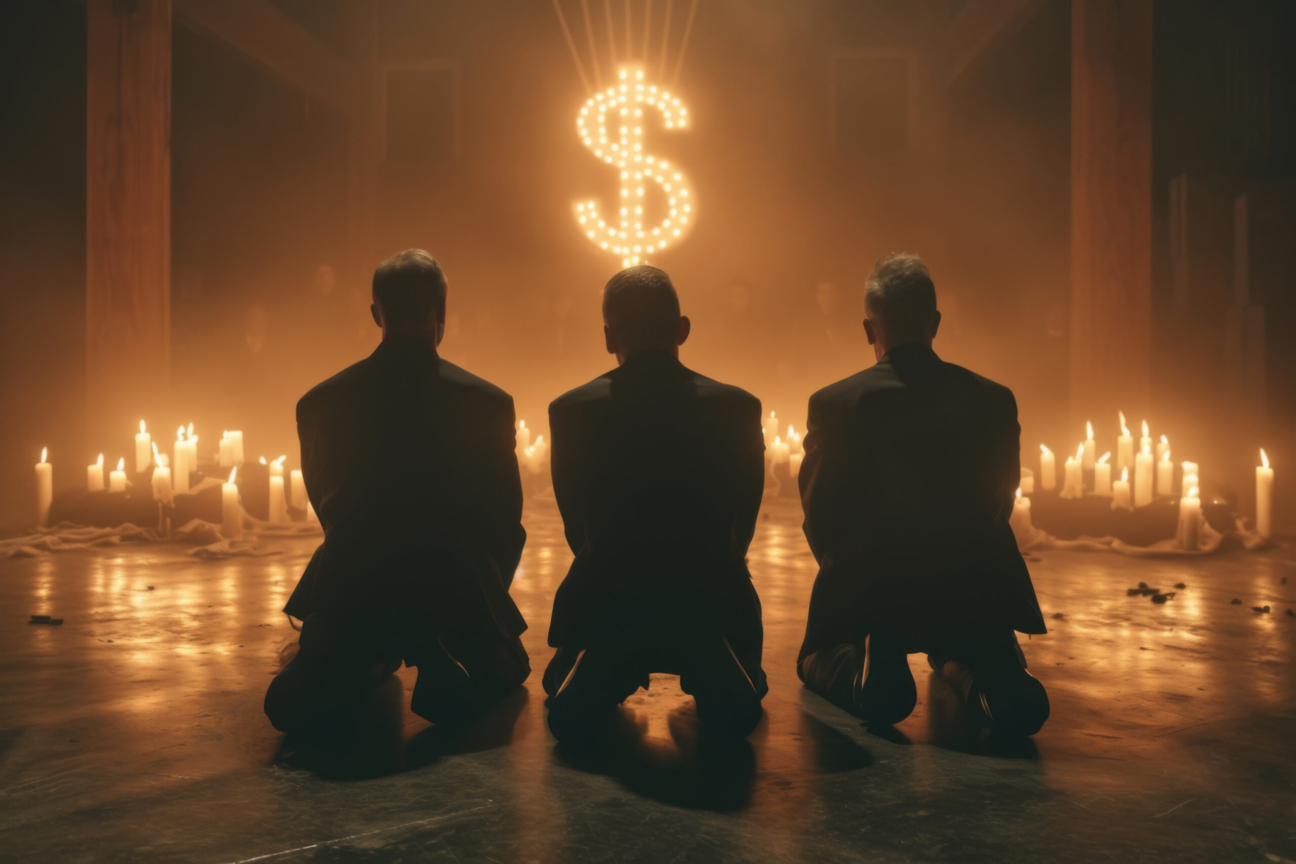 Three businessmen praying at the alter of money (dollary symbol)