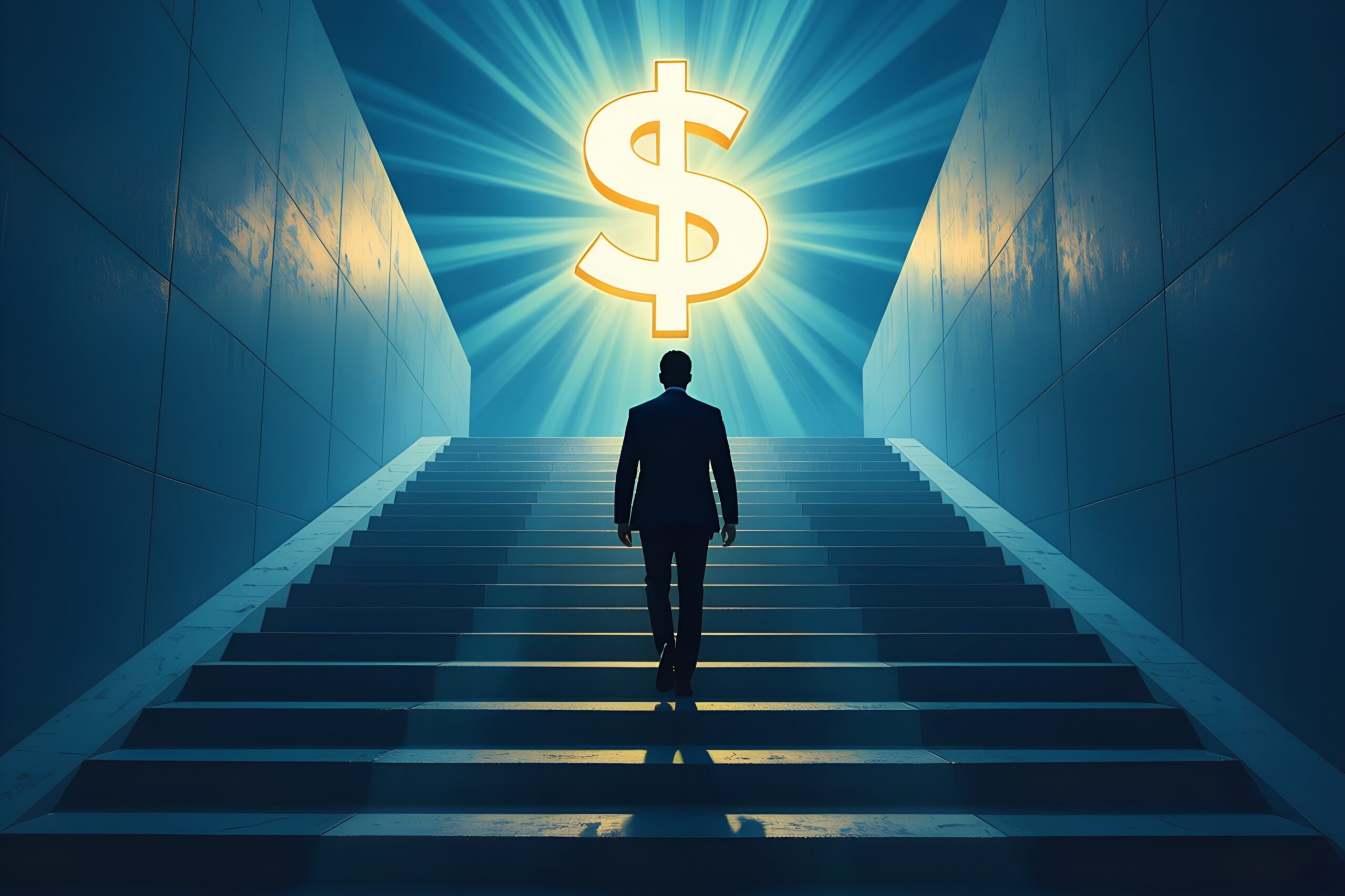 AI - Man in suit ascends stairs towards glowing dollar sign