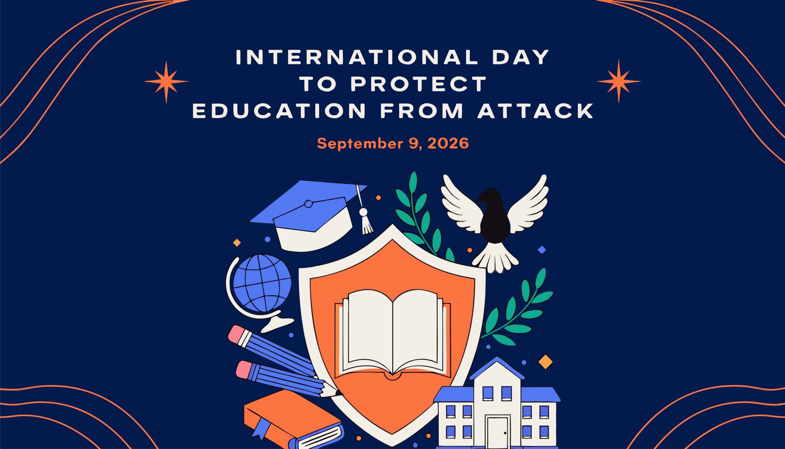 "International day to protect education from attack" header with symbols for school and peace symbols