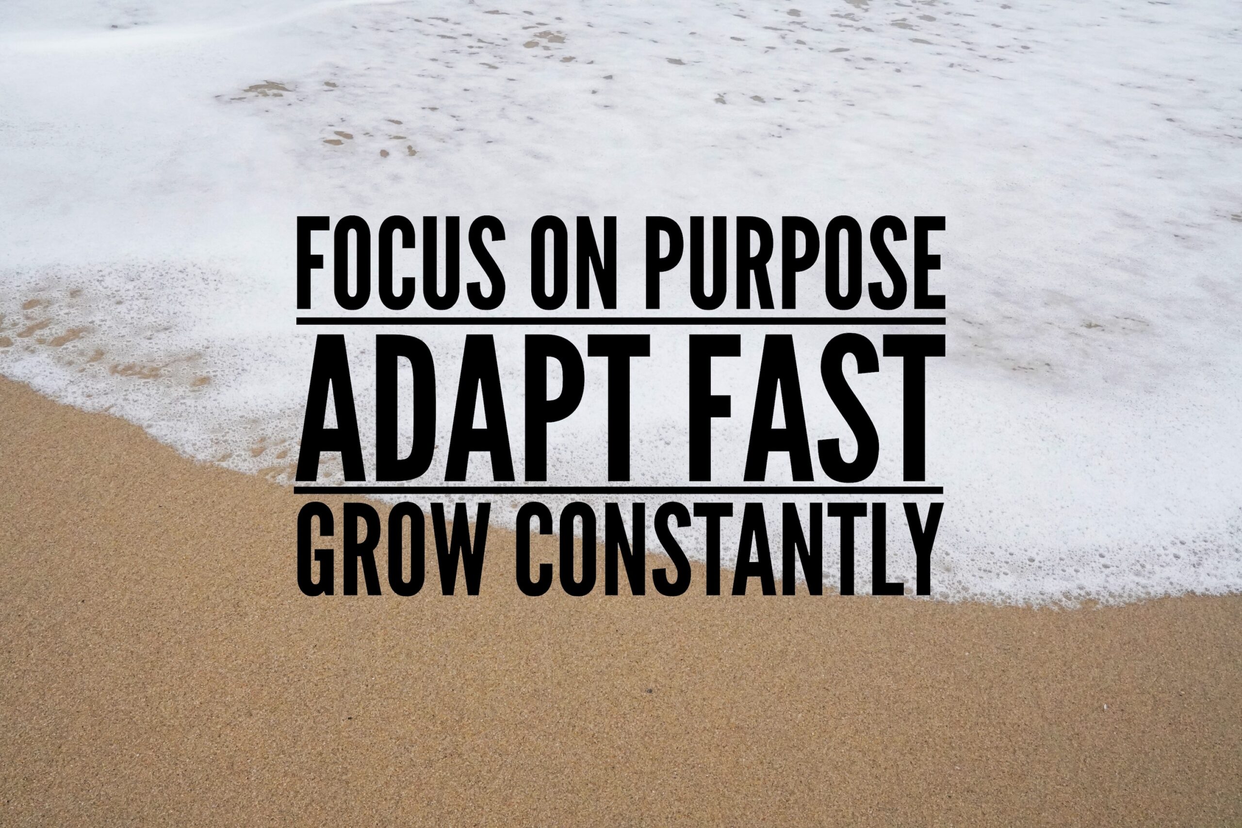 "FOCUS ON PURPOSE" "ADAPT FAST" "GROW CONSTANTLY" - phrases superimposed over closeup of water meeting sand (beach)