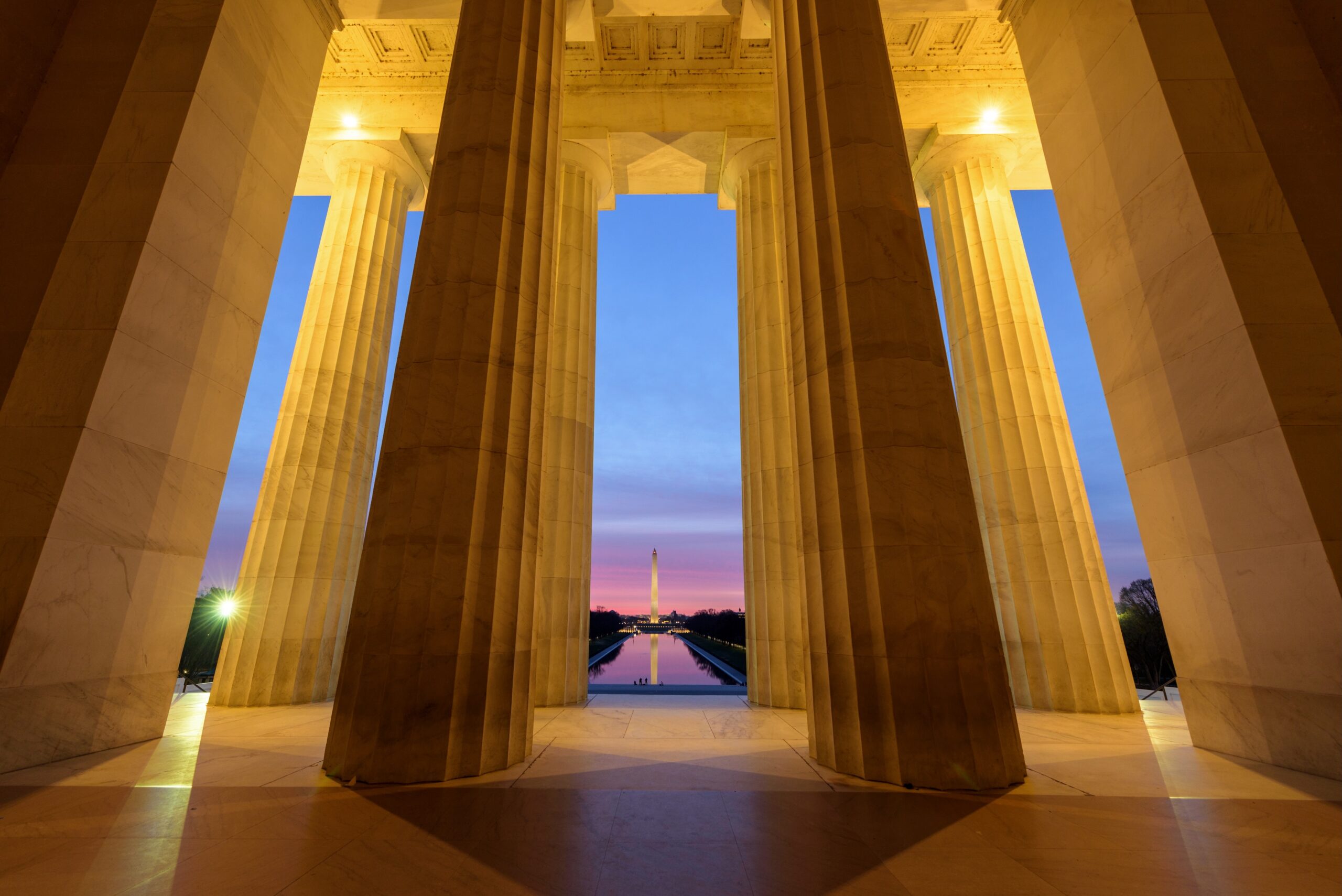 View of Washington Monument from Lincoln Memorial at Sunrise