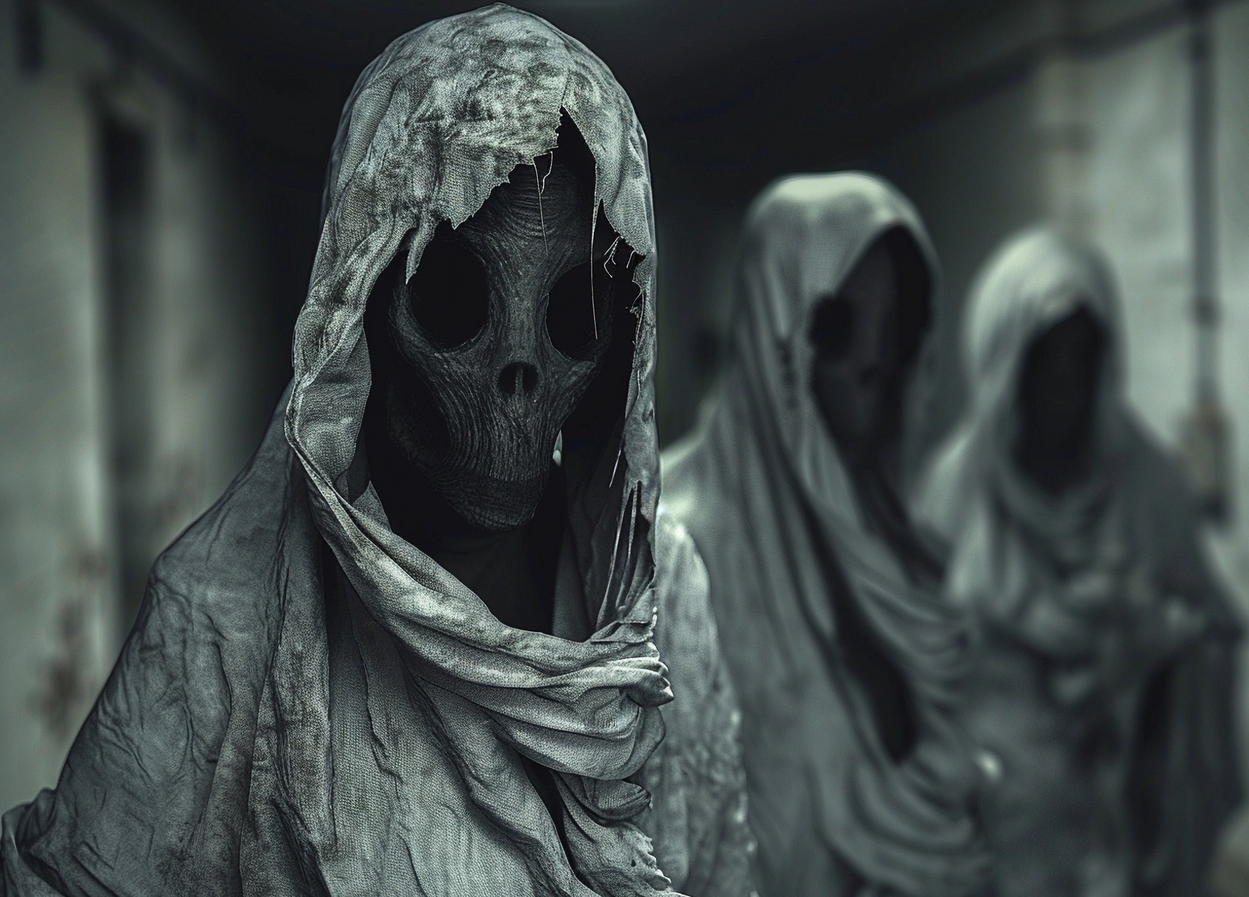 Wraith-like apparitions with hollow eyes and tattered clothing