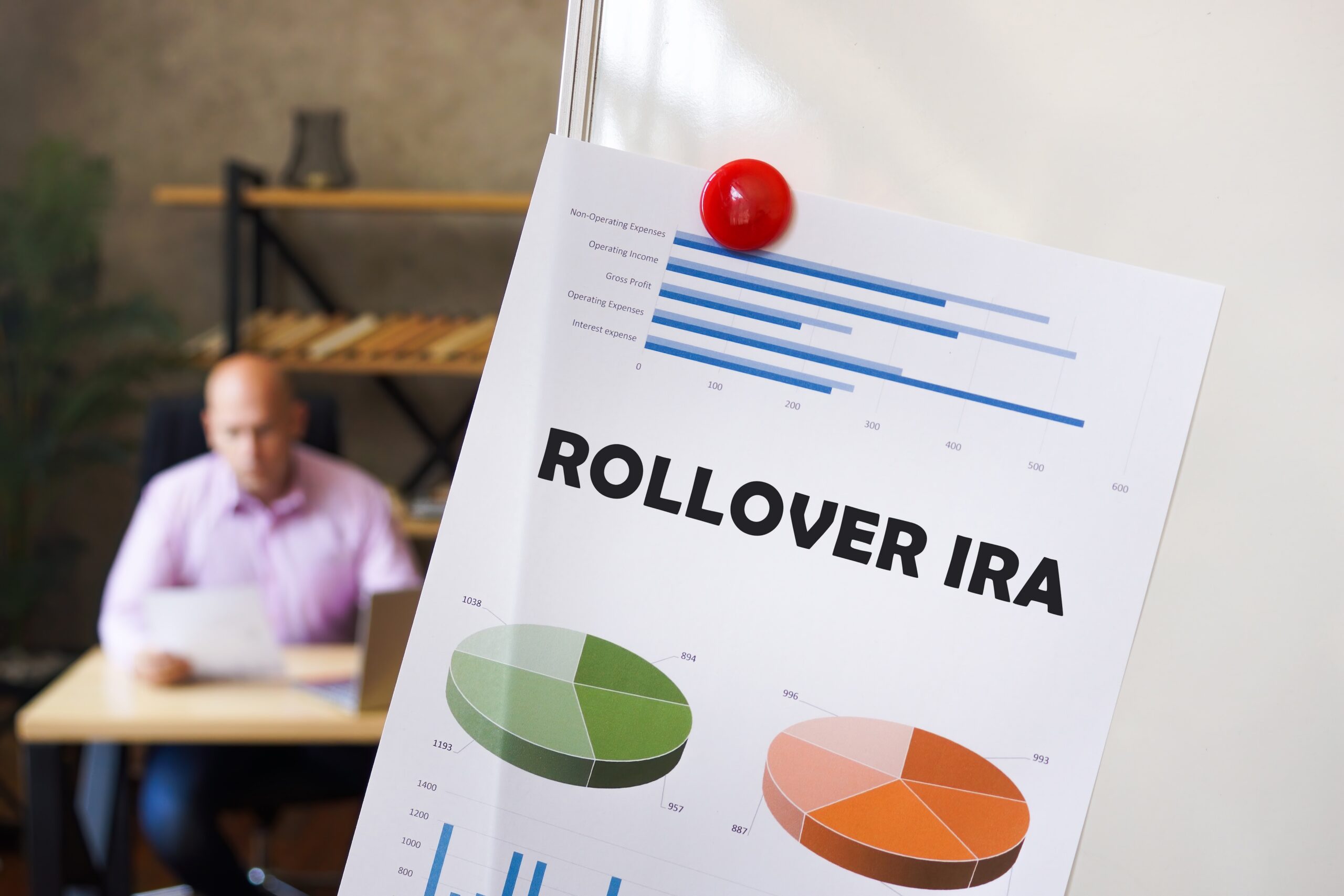 "Rollover IRA" with pie charts on paper pinned with screen of man working on desk in the background