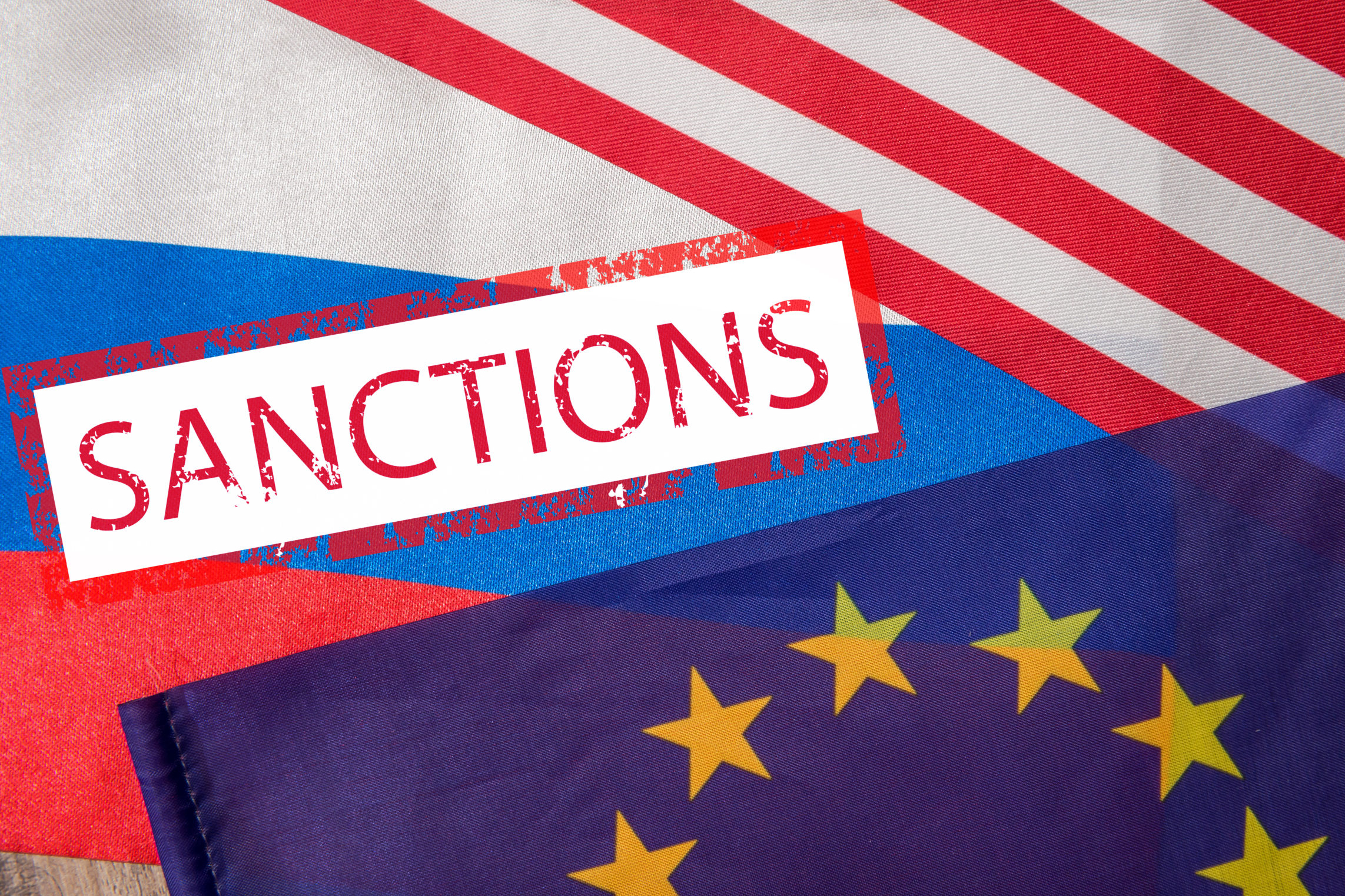 flag of usa and europe. sanctions of russia