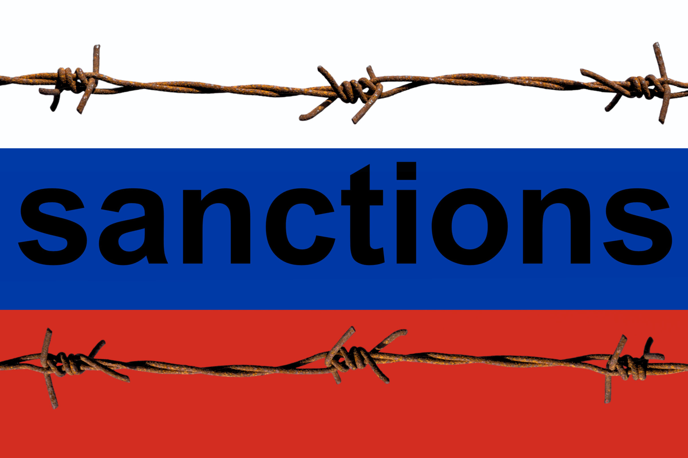 Word ''sanctions'' and Russian flag