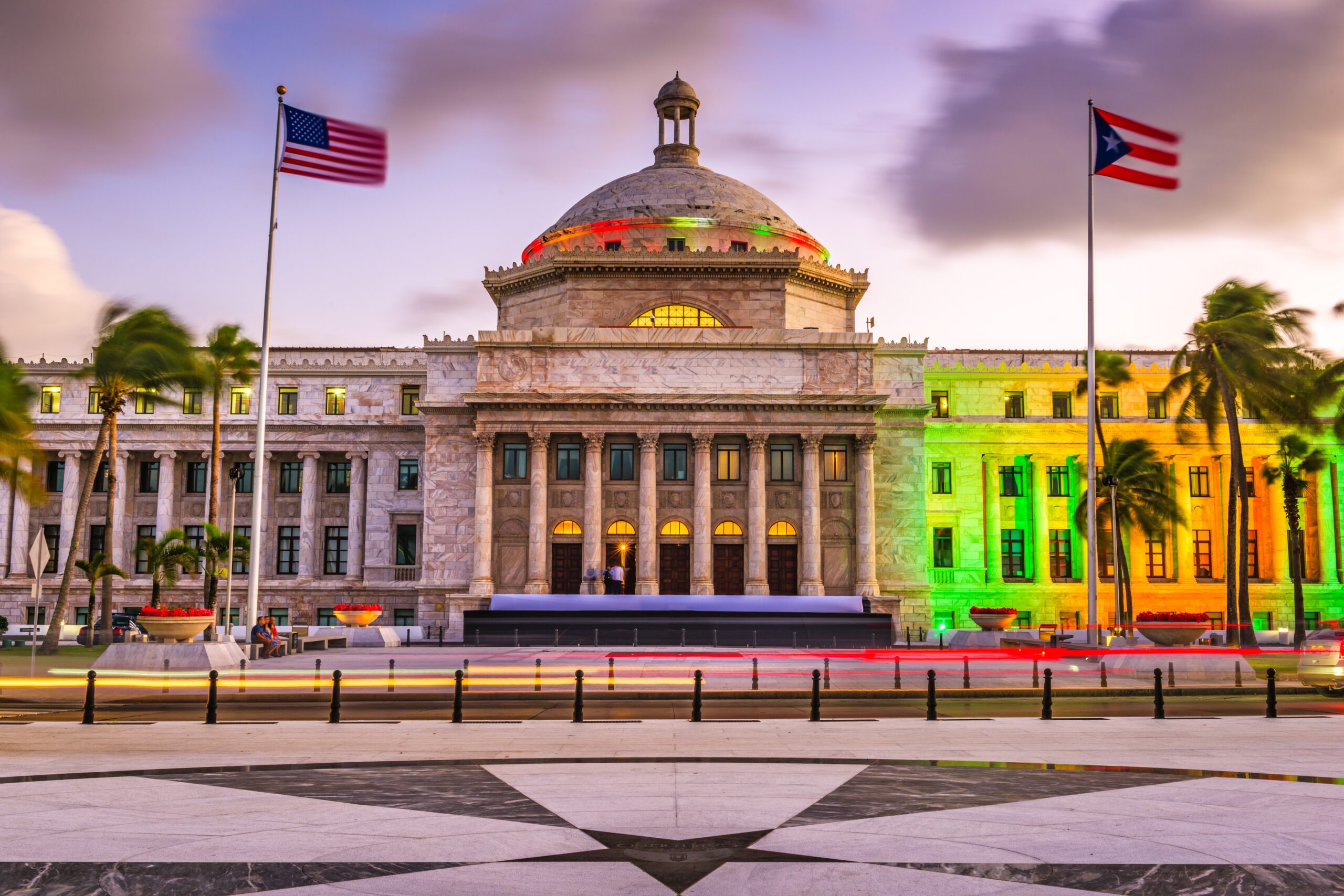 San Juan, Puerto Rico capitol building with both U.S. and Puerto Rico flags
