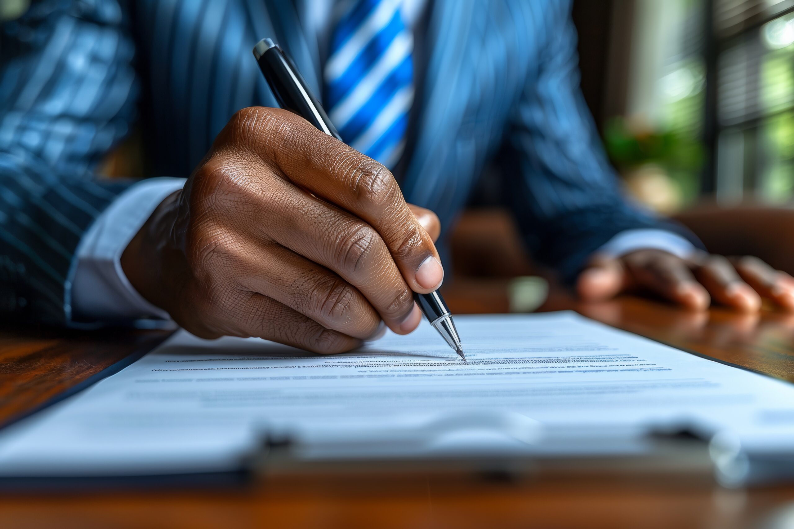Man in suit signing document
