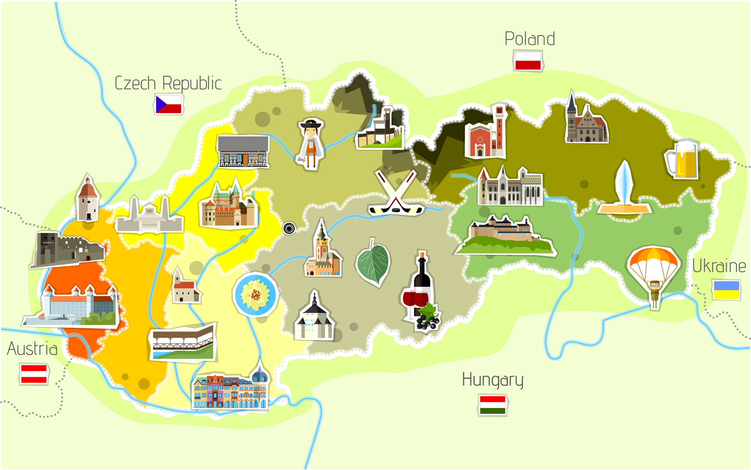 Map of Slovakia with landmarks (cartoon images)