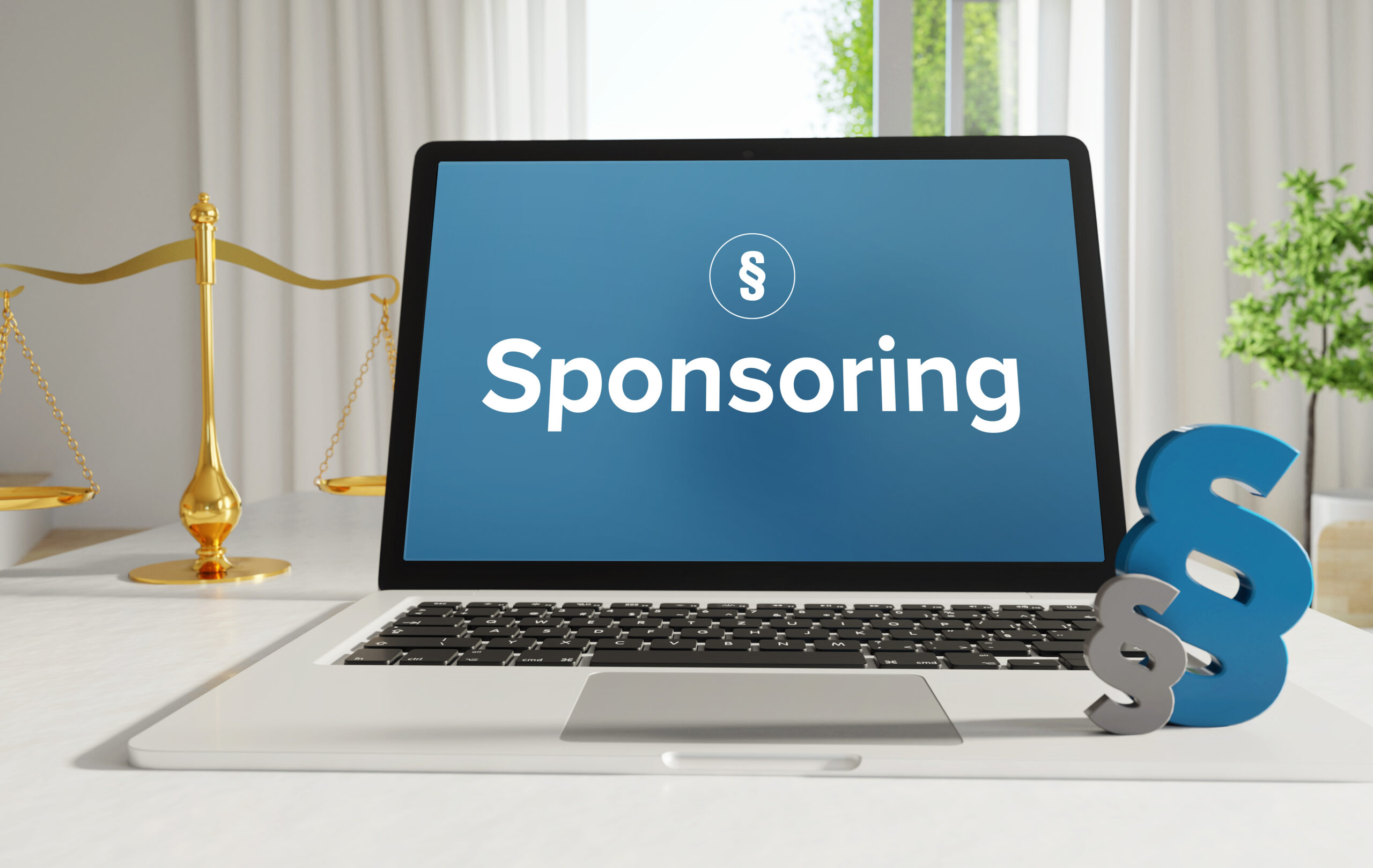 "Sponsoring" on a laptop screen with the symbol for Sections against a white background