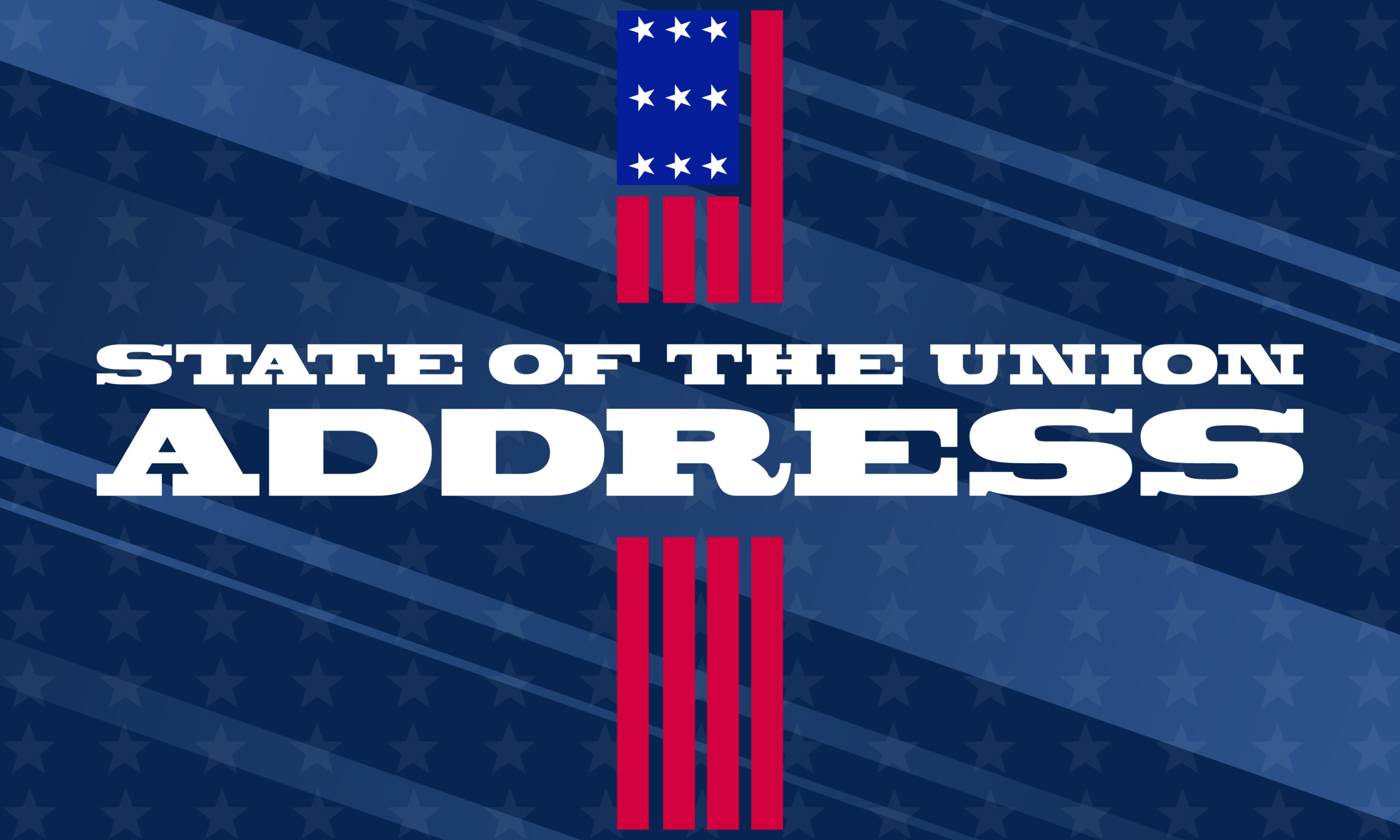 "State of the Union Address" written across blue background with symbolic U.S. flag running down the middle vertically