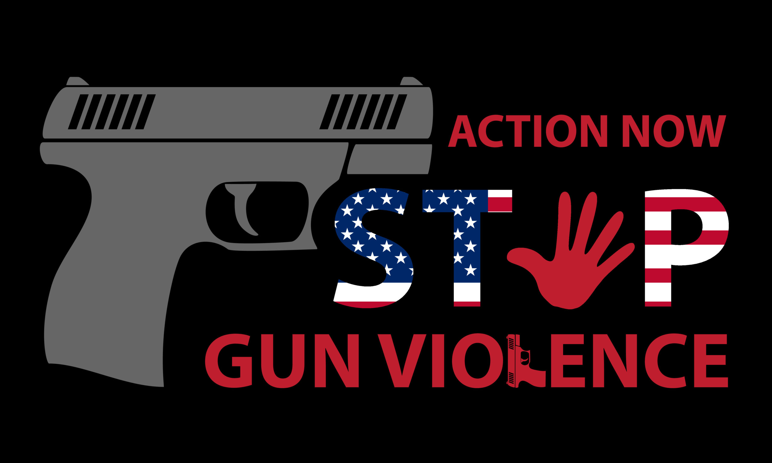 "Stop gun violence" with symbol of gun and American flag on black background