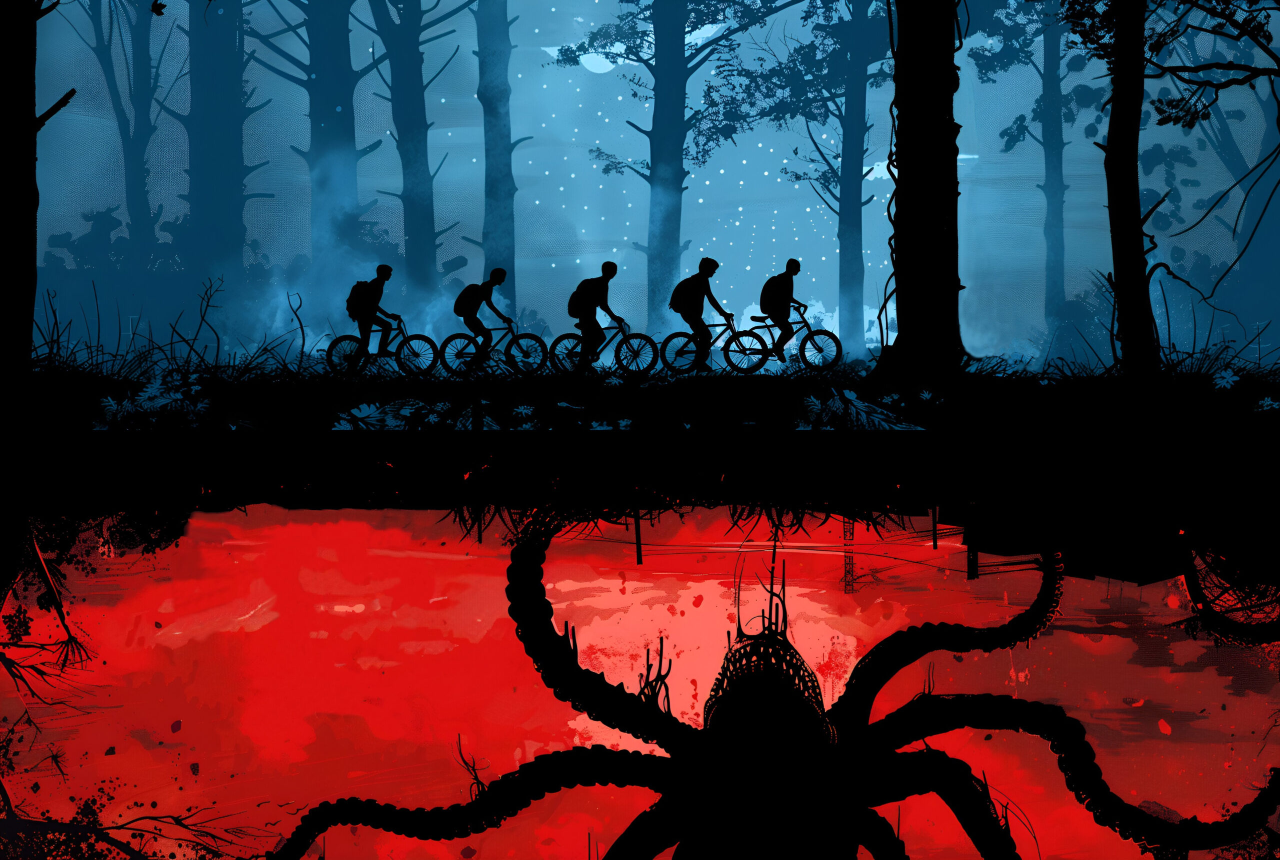 Image of 5 kids riding bikes in a foggy forest with giant spider underneath the ground below them
