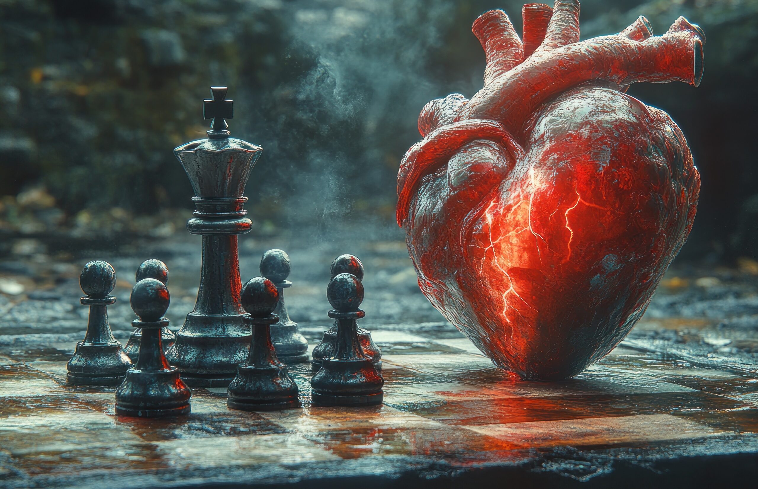 Chess pawns protecting King on chessboard adjacent to big red heart