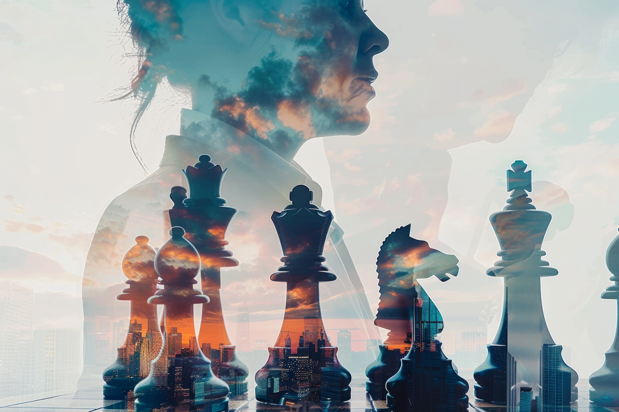 Combined images of a contemplative woman superimposed with chess pieces against an urban skyline