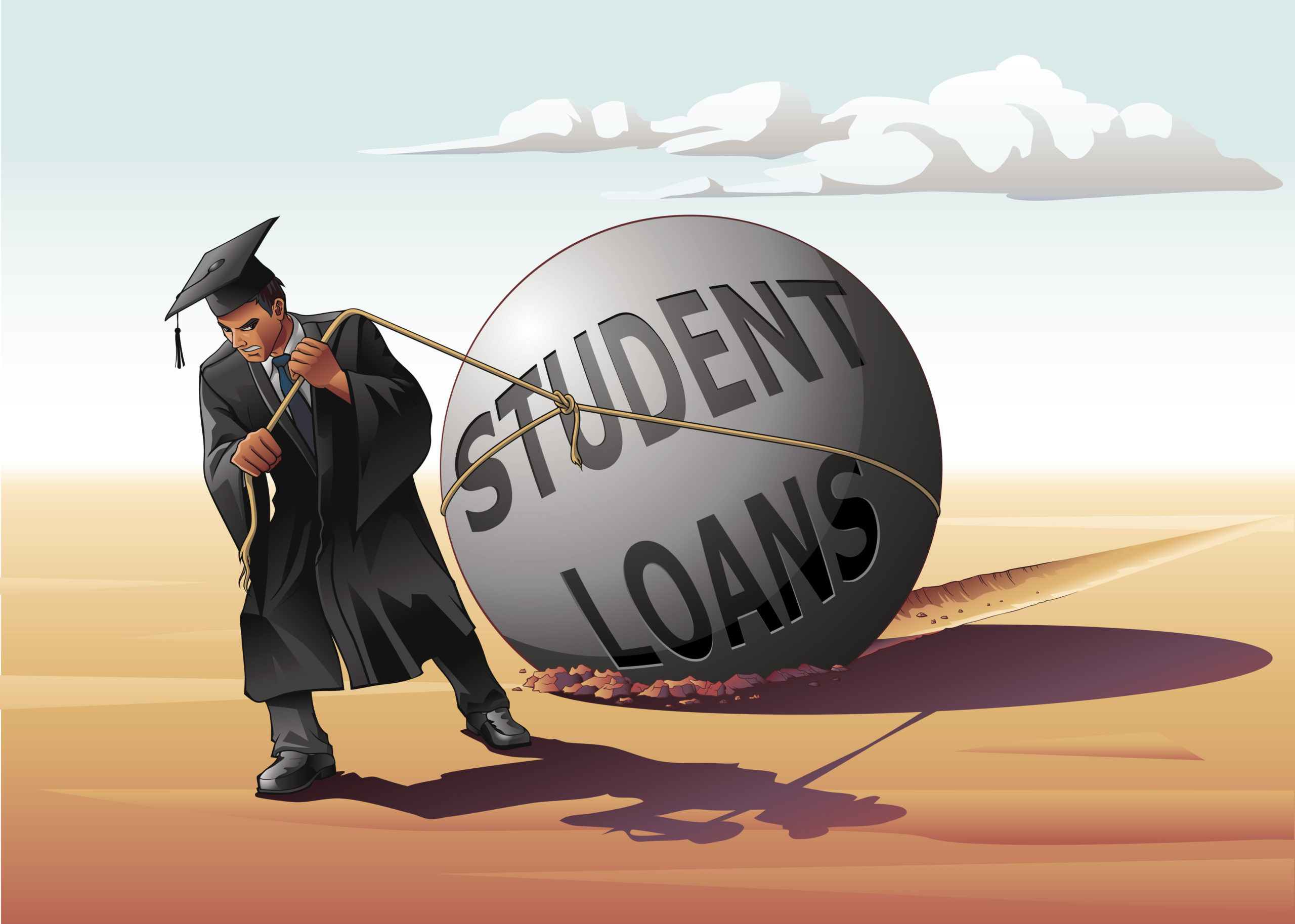 Animated: Black man in graduation garb dratting a ball and chain identified as "Student Loans"