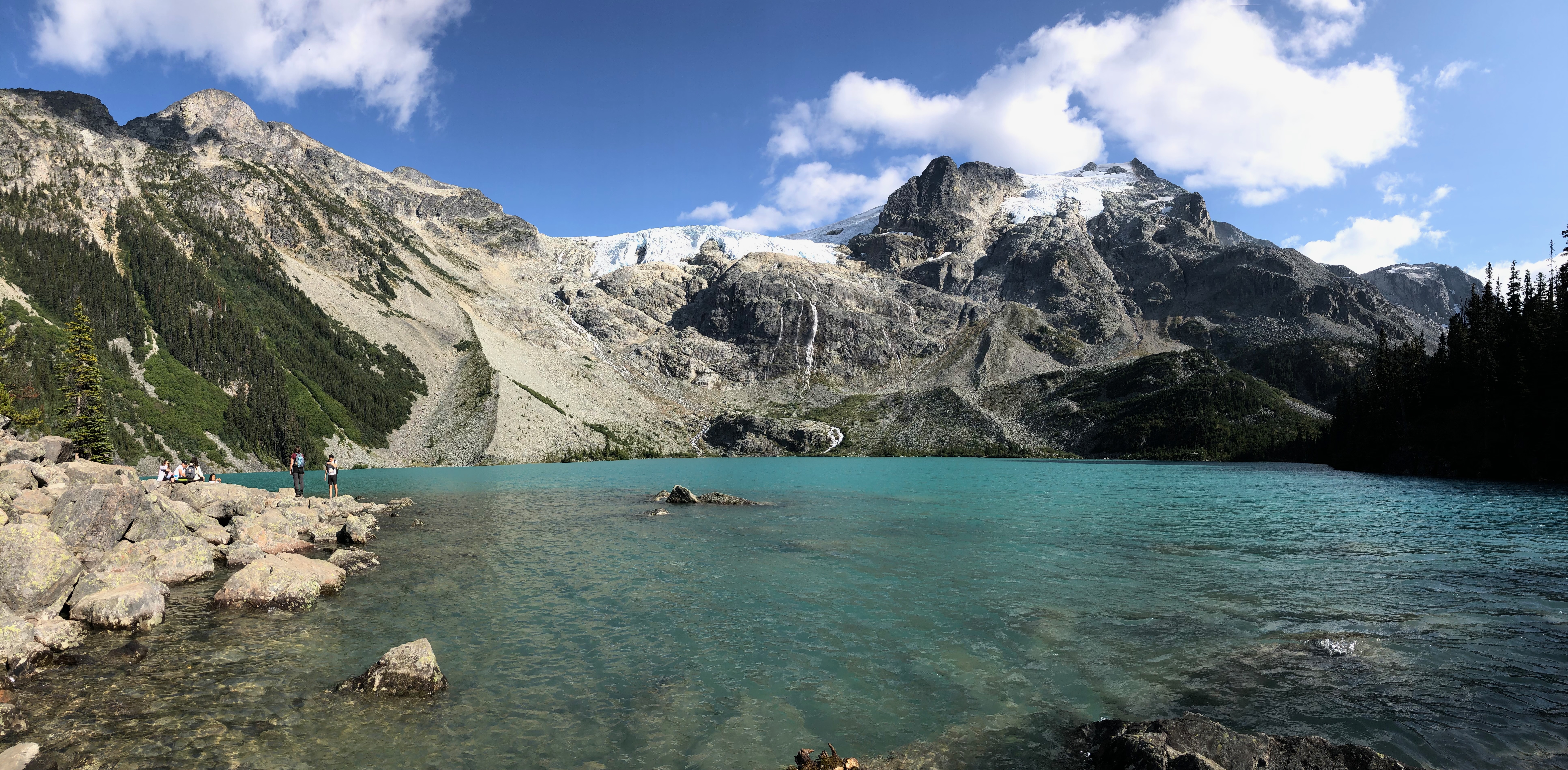 Alpine lake with mountains and glacier in background.