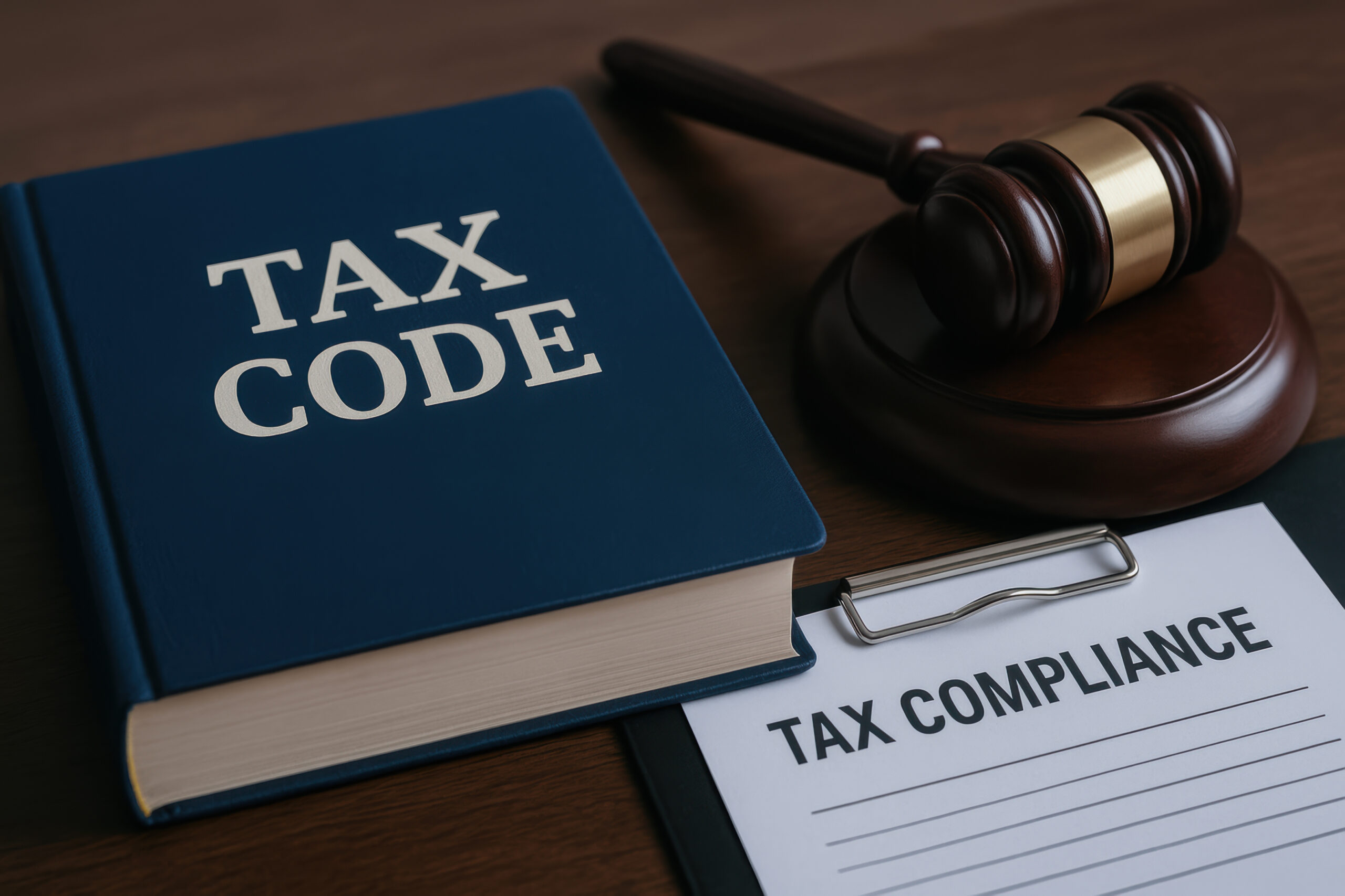 Tax code book and "tax compliance" document on clipboard