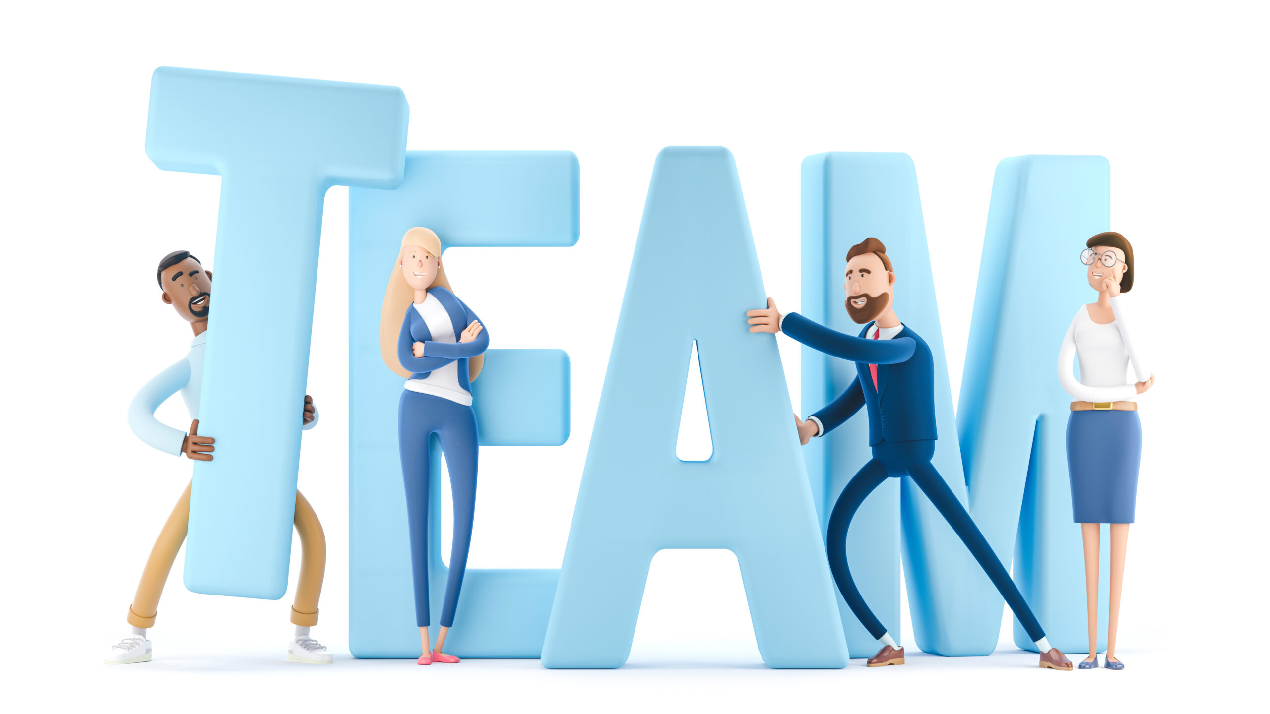 Cartoon of 2 men and 2 women constructing the word "TEAM" (each letter is bigger than each person)