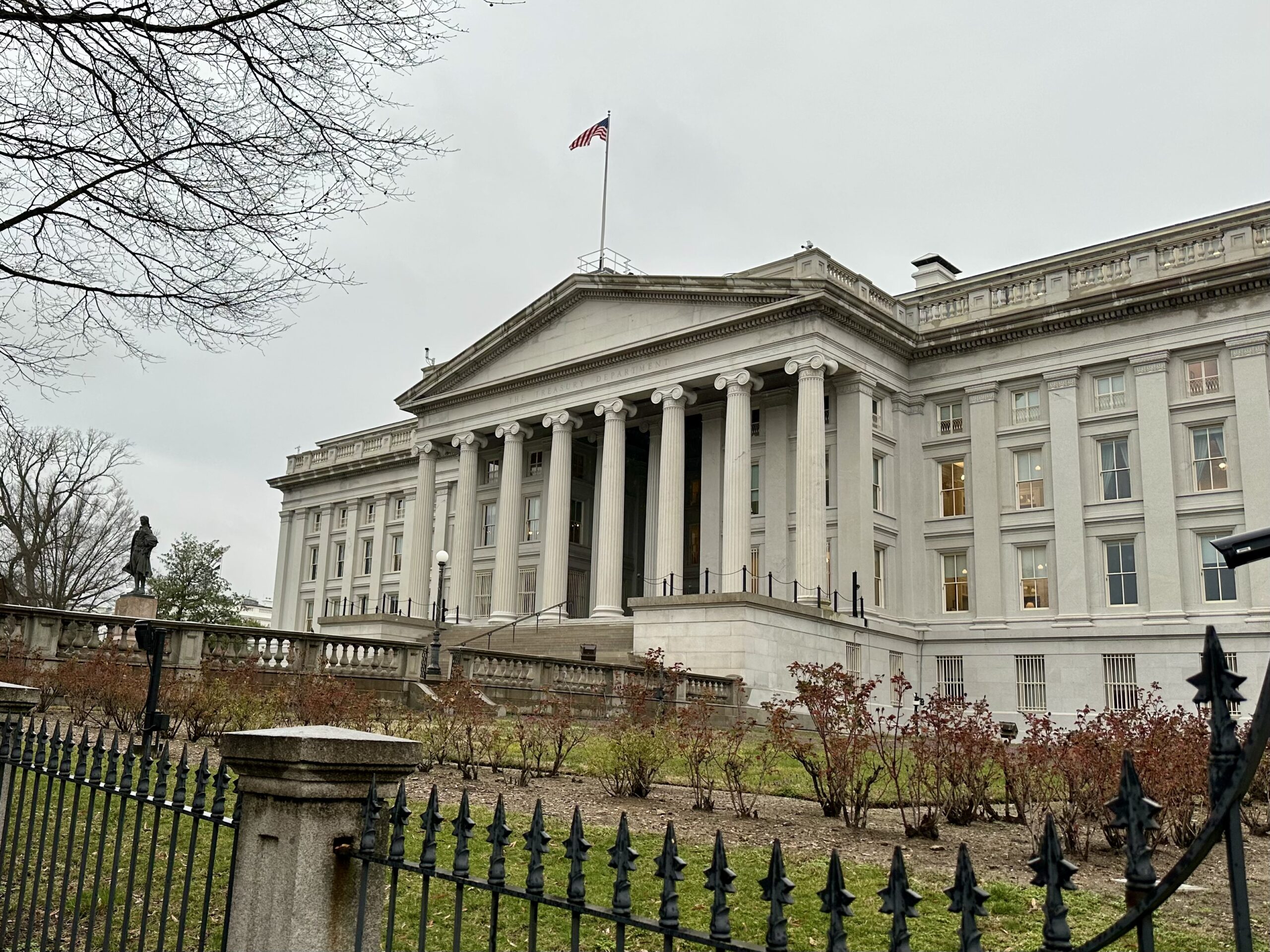 U.S. Treasury Department building in Washington DC on an overcast day